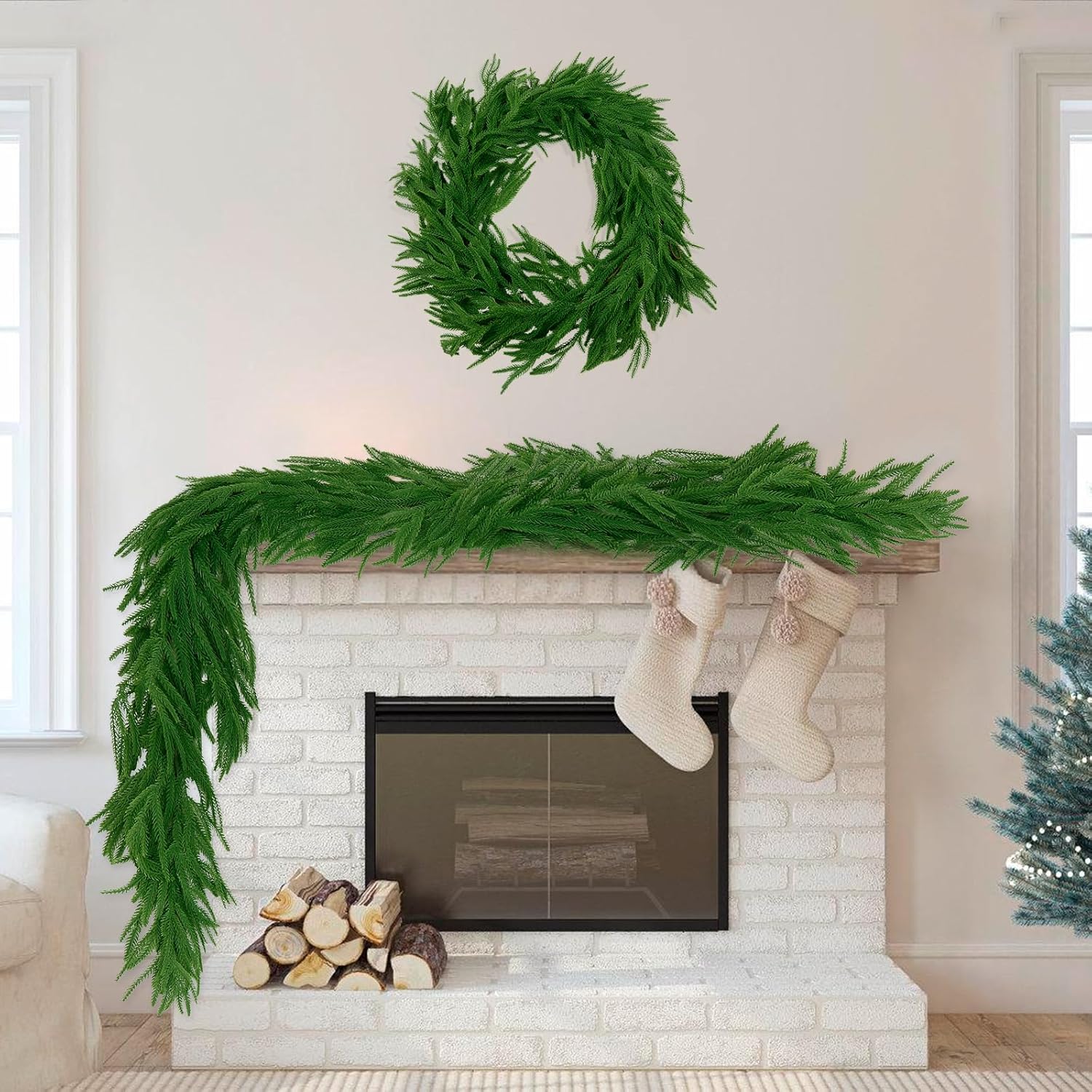 2Pcs 9 FT Artificial Norfolk Pine Garlands, Realistic Christmas Garland Thickness Real Touch Winter Greenery Garland for Table Mantle Wall Indoor Outdoor Christmas Decor - Image 3