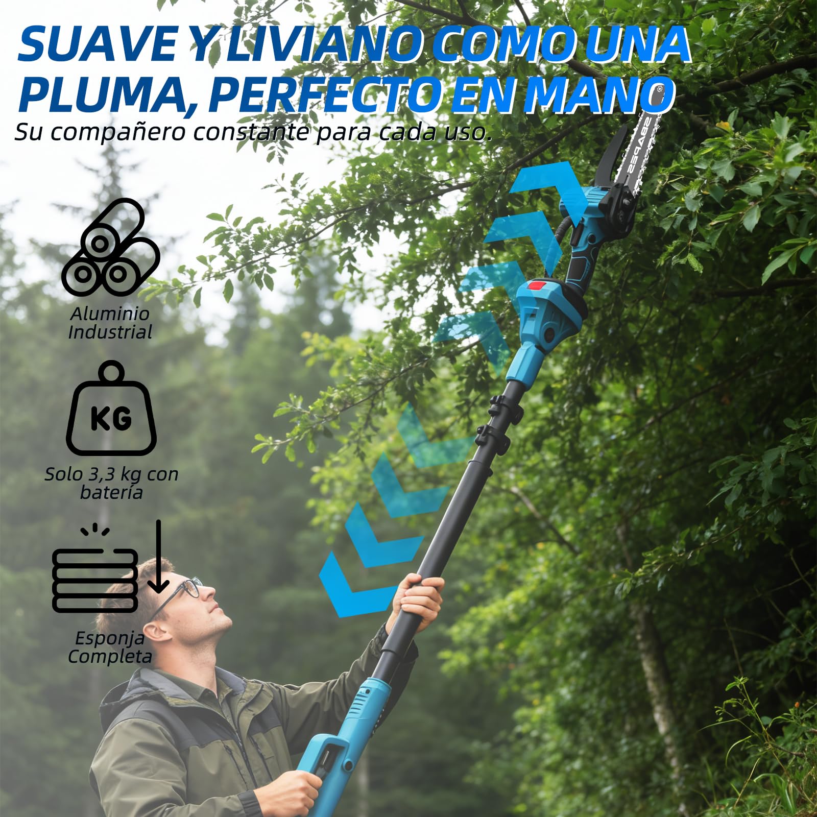 Pértiga telescópica ANEELV para tijeras de podar y sierras eléctricas – Extensible 1,2-2,5 m, cabezal 90°, altura 4,6 m – Compatible con Makita 18V