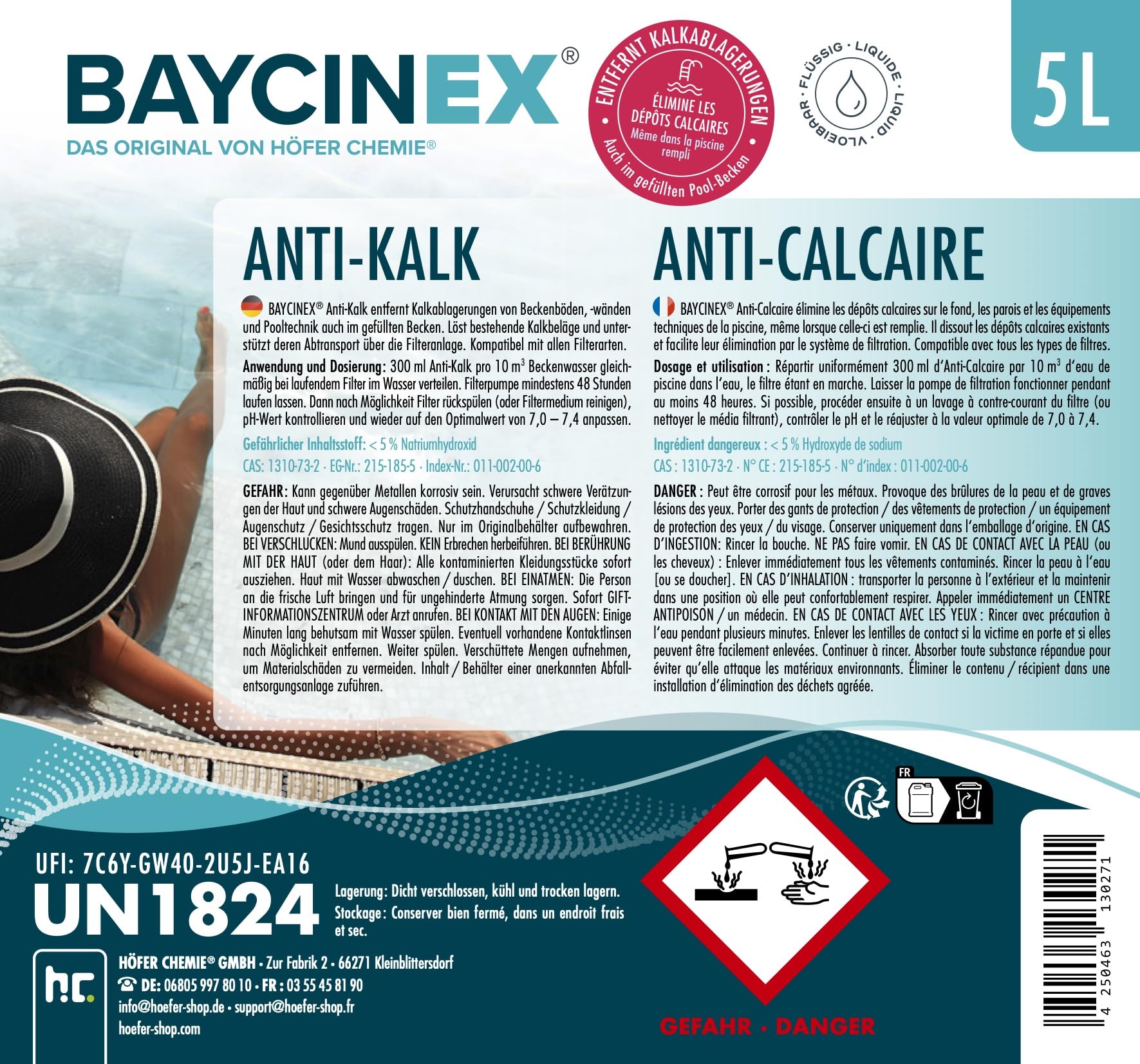 BAYCINEX® Anti-Calcaire Piscine 1 x 5 L – Détartrant Liquide – Élimine Dépôts Calcaires Fond, Parois & Équipements – Utilisable Bassin Rempli – Compatible Tous Filtres – 300 ml/10 m³