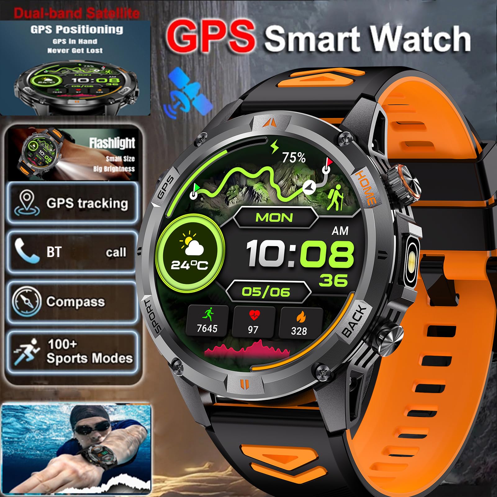 Orologio Sportivo Intelligente, Tracker di attività GPS con Risoluzione 360x360 da 1,46 Pollici con Oltre 100 modalità di Allenamento, per IOS Corsa Nuoto Escursionismo Sport (e arancione)