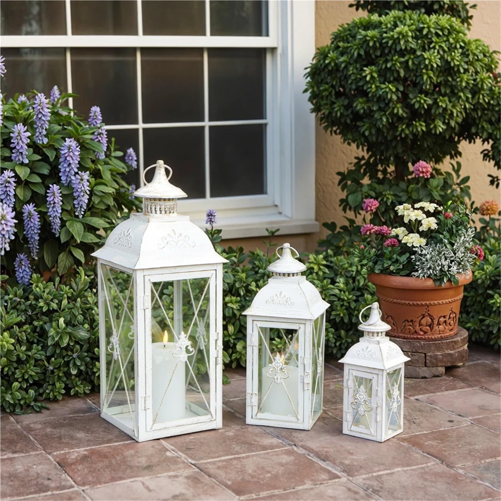 Lanterne a Candela Decorative Juego de 3 portavelas Colgantes Metal Acero Inoxidable con Paneles Vidrio Transparente for decoración del hogar, Interior y Exterior
