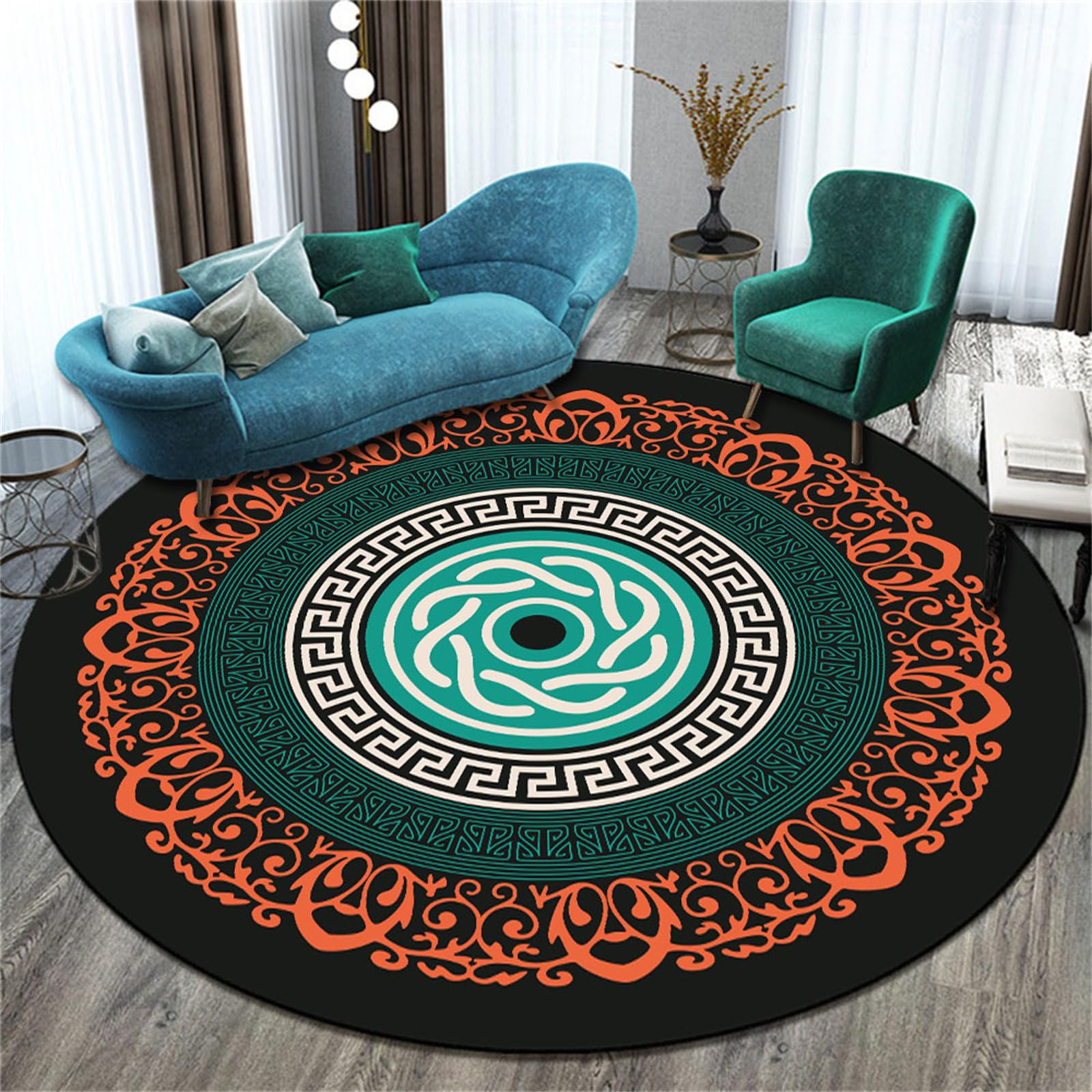 Teppich Rund, Kristallsamt Reppich Schlafzimmer, Innenbereich Runder Teppich, Nordisches Mandala Waschbarer rutschfest Teppich für Wohnzimmer, Kinderzimmer, Büro (Grün,160cm)