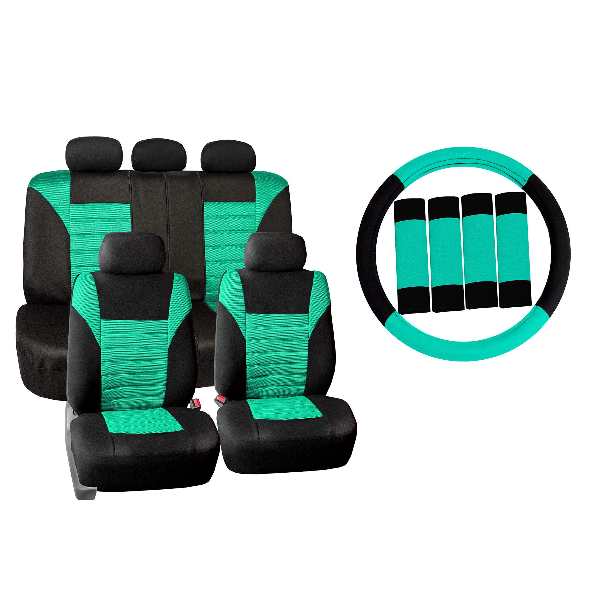 TLH Modernistic Steering Wheel Cover w/Premium 3D Air Mesh Seat Covers Full Set, Mint Color Combo