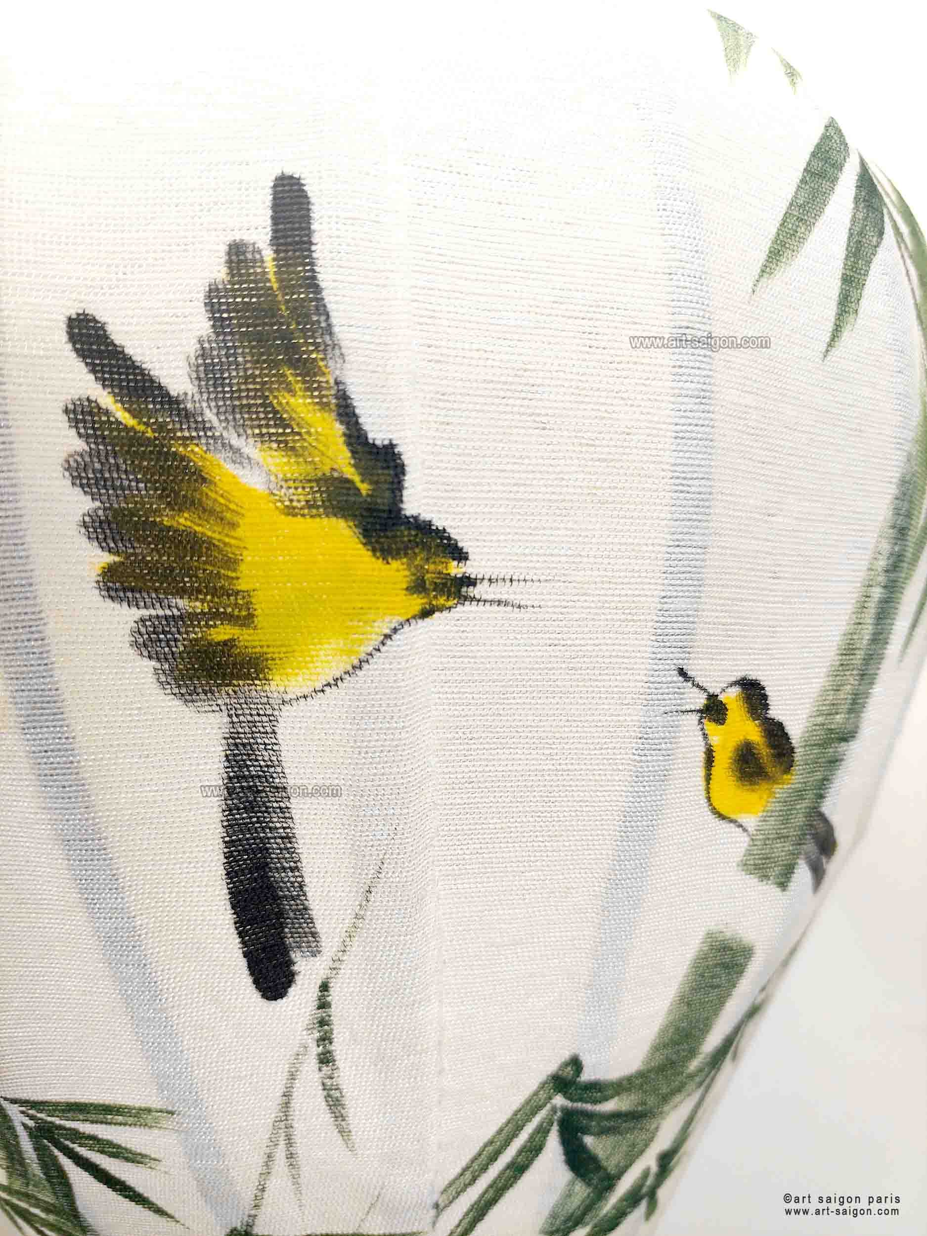 Asiatische Laterne aus Weißem Leinenstoff G - Durchmesser Ø33cm - Handbemalte Laterne mit Bambus und Vogelpaar Motiv - Dekoration und Kunsthandwerk aus Vietnam (G25-TRE)