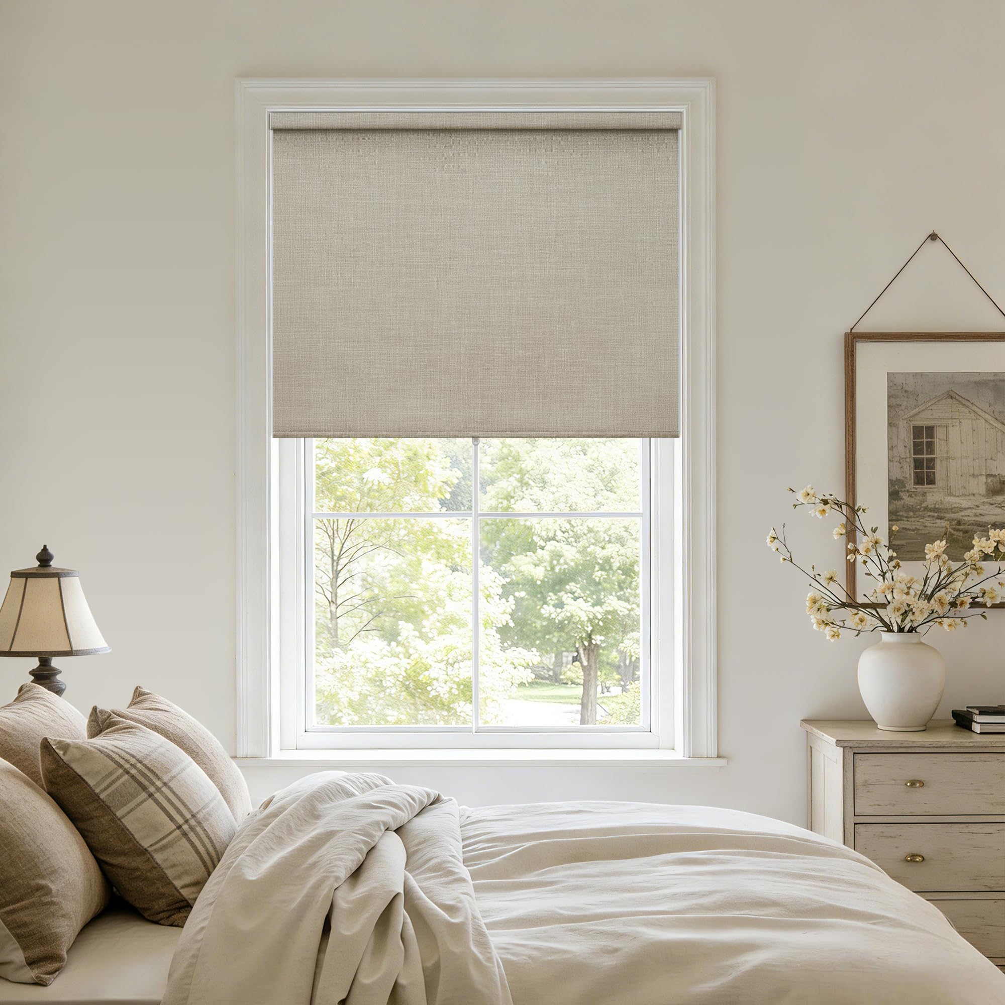 Blackout Roller Shades for Bedroom Window Cordless Free-Stop Blinds with Valance UV Protection 100% Black Out Linen Shades Blinds for Indoor Bathroom Windows Living Room Beige Oatmeal 34" W x 64" H
