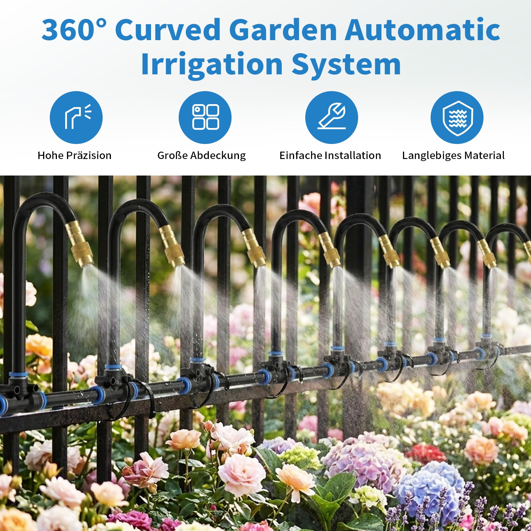 Bewässerungssystem Garten, 360° Curved Garden Automatic Irrigation System, 15M PE Pneumatik Schlauch Kit für Bewässerungssysteme, Flower Bed und Terrasse Pflanzen
