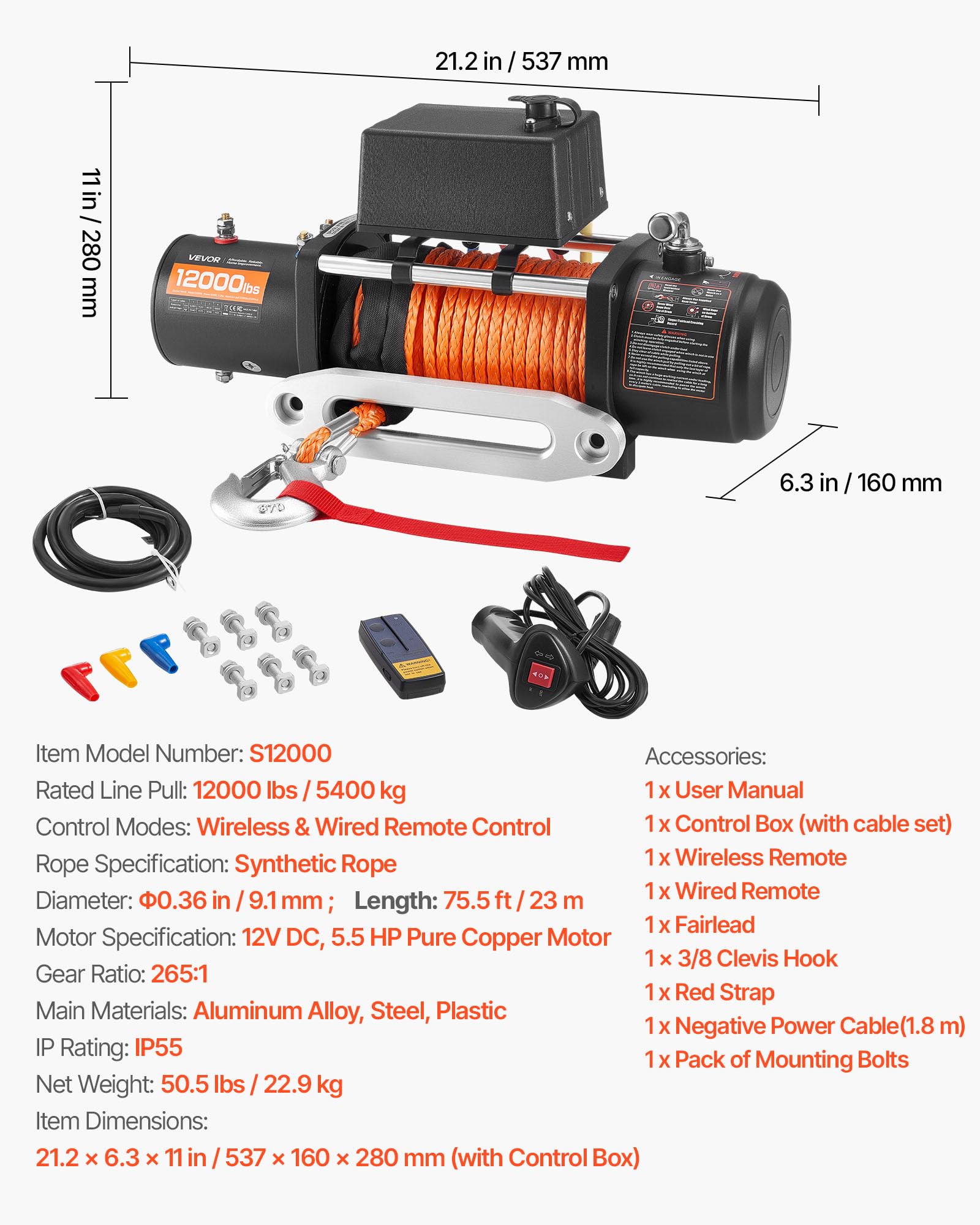 VEVOR Wciągarka elektryczna, pojemność 5400 kg, wciągarka do ciężarówek 12 V DC ze stalową liną Φ9,1 mm x 23 m, bezprzewodowy i przewodowy pilot zdalnego sterowania, IP55 do holowania SUV, Jeepa