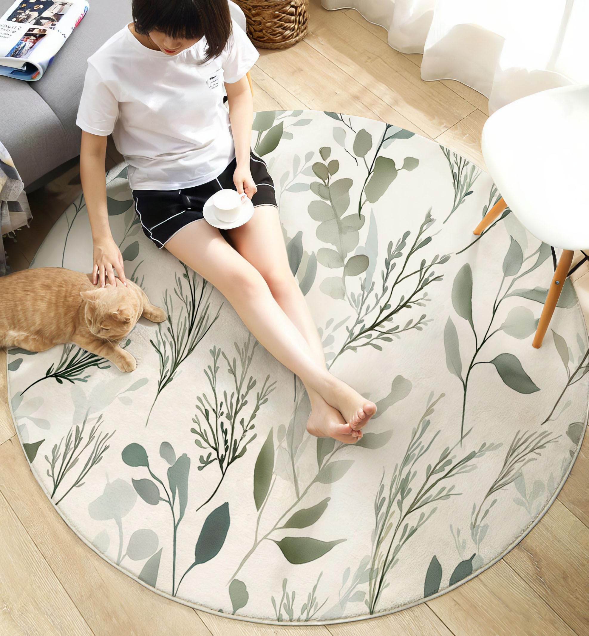 Tapis Rond Déco, Impression de Aquarelle Feuilles Vert Sauge Interieur Antidérapant Tapis Chambre Salle de Jeux pour Enfants, Moquette Doux Absorbant, Gris-Vert, 120cm