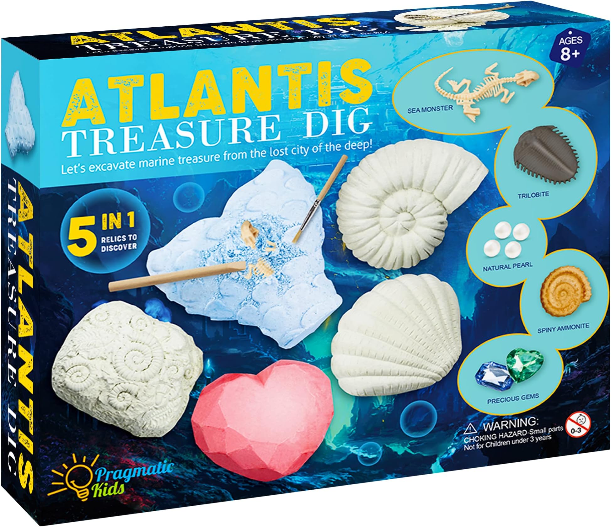 5in1 Atlantis Treasure Kit! Educational Digging Kit for Kids. Dig and Discover Atlantean Artifacts Including Pearls, Gems, Sea Monsters, Trilobites, and Spiny ammonites