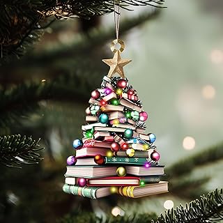 2D Flat Christmas Book Tree Ornament, Book Lover Gift, Bookworm Gifts, Book Christmas Tree Hanging 2025, Wooden Hanging Christmas Gift, Book Club Ornament, 4.7 inch, Pack of 2 (Not 3D)