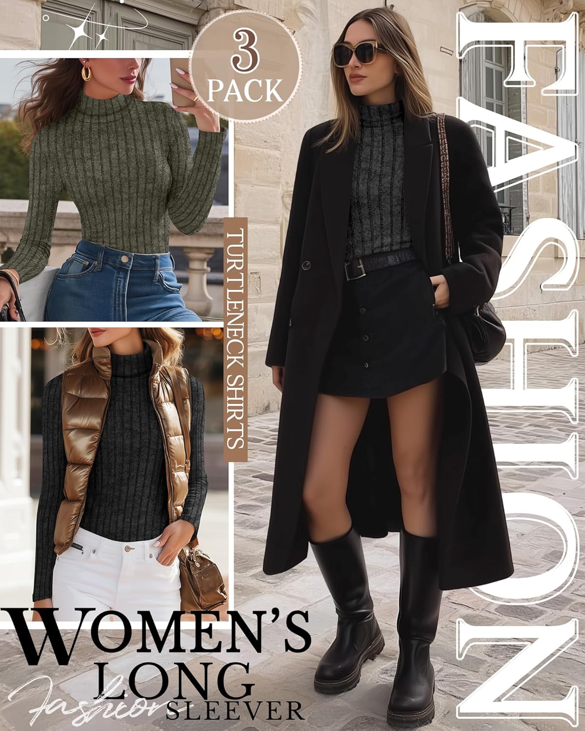 3 Pack Women's Turtleneck Sweaters Ribbed Long Sleeve Turtle Neck Top Slim Fitted Knit Lightweight Pullover Sweater - Image 3