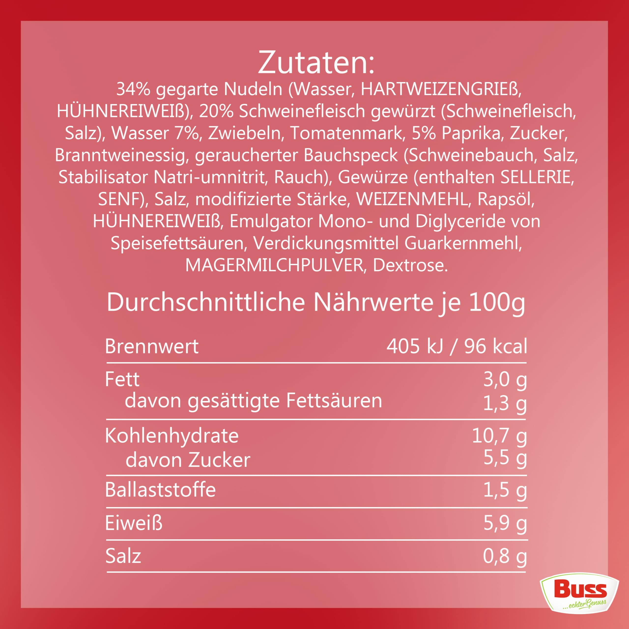 Buss Rustikale Gerichte - Nudeltopf nach ungarischer Art, 6 x 800g | Mit Paprika und Schweinefleisch - Lang haltbare Fertiggerichte zum schnellen Aufwärmen in Mikrowelle & Topf