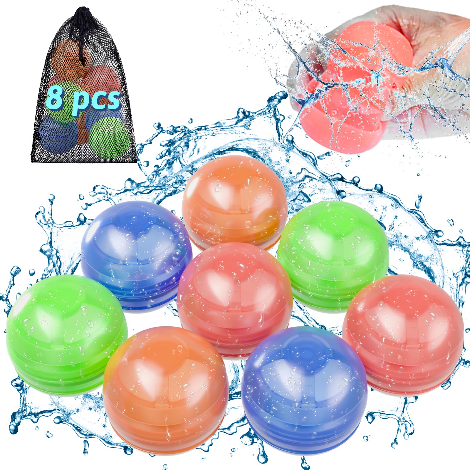 ALAFLY 8 Pack Reusable Water Balloons [One Hand Quick Fill] Dual-End Auto Sealing Pool Toy Water Balls for Kids/Adults, Summer Outdoor Beach Toys for Toddler Age 3+, Non-Magnets & Safe Fun