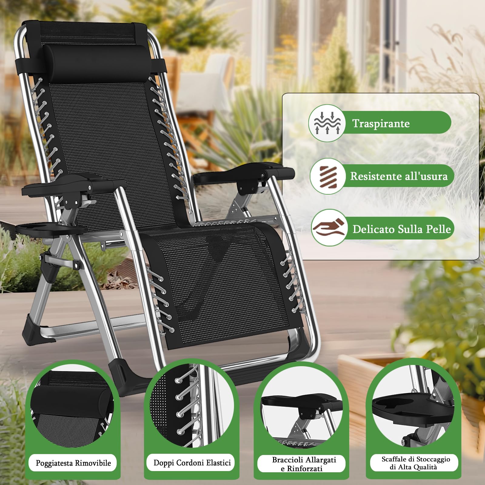 Sedia a Sdraio Pieghevole Largo 72 cm Sdraio da Giardino Esterno con Stuoia e Copertura Sedie, Nero Sdraio da Campeggio con Schienale Regolabile per Spiaggia,Giardino,Piscina, Viaggi