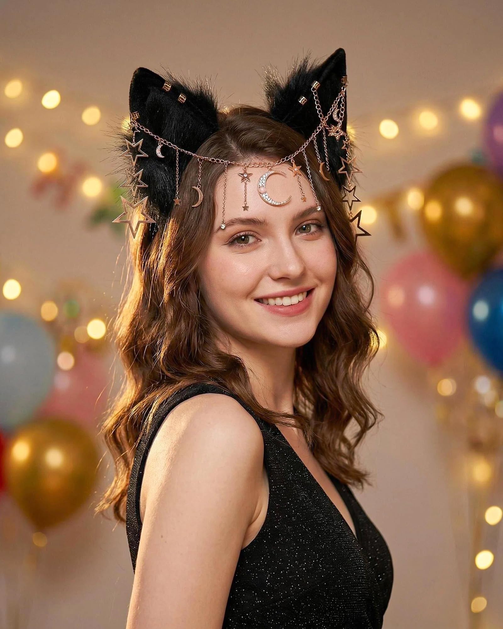 BNLIDES Handmade Furry Animal Ears Headwear Realistic Plush Adult Cosplay Accessory for Party, Anime and Convention Dress-Up: Galaxy Black