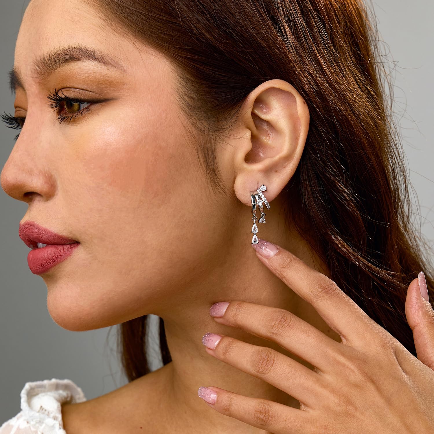 Hefanny Triple Huggie Stacked Earrings for Women Gold Chain Drop Dangle Earrings Cute Statement CZ Earrings Trendy Dainty Jewelry Gift - Image 2