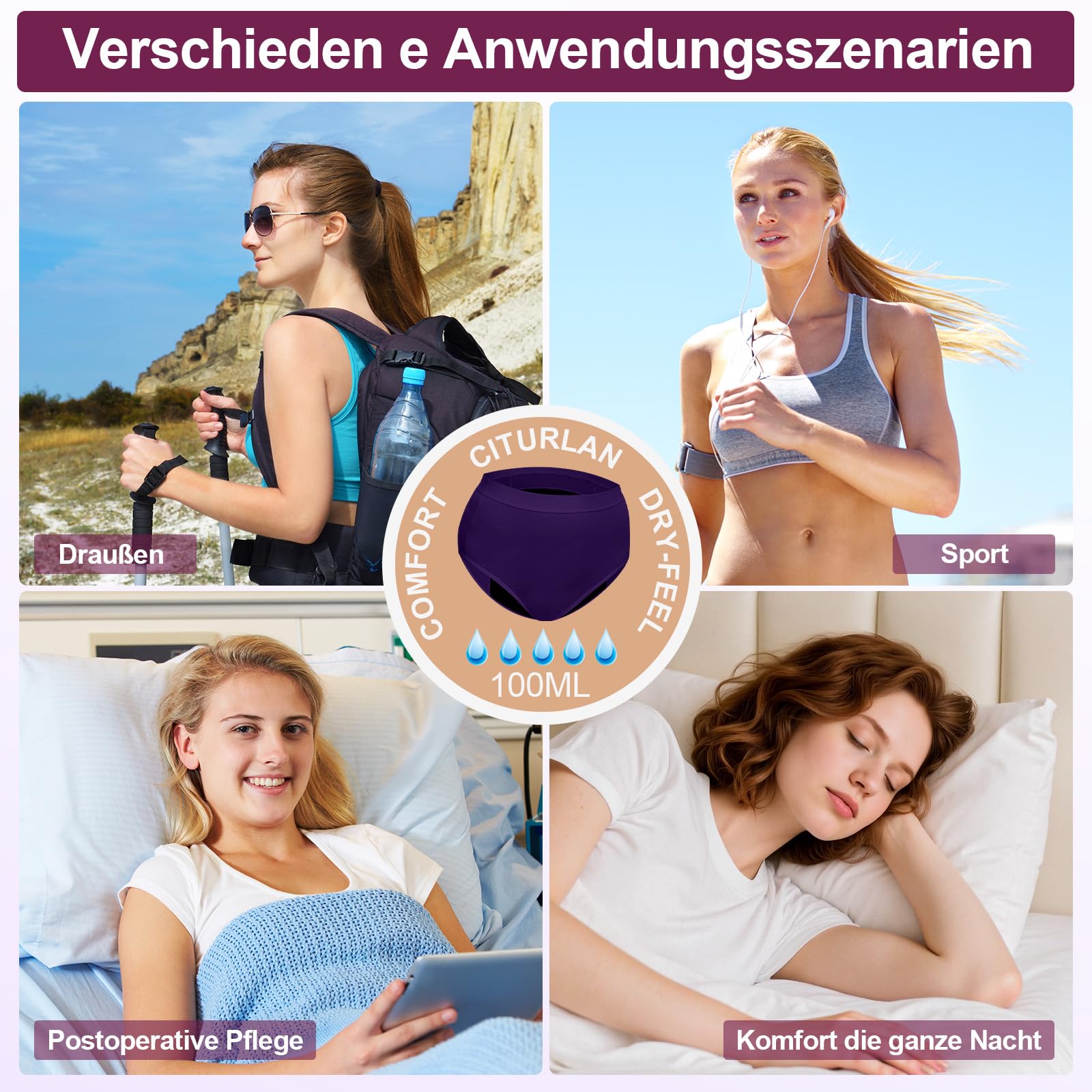 Inkontinenzunterwäsche für Damen, Saugfähigkeit 100 ml, auslaufsicher und waschbar Inkontinenz-Slip Periodenunterwäsche, Hoch taillierte Menstruationsslips für Nacht und aktive Nutzung,3er-Pack