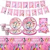 Pink Girls Dog Theme Party Set - 52PCS Decorations with Tablecloth, Banner, Plates, Cups, Napkins for Children's Birthday Parties