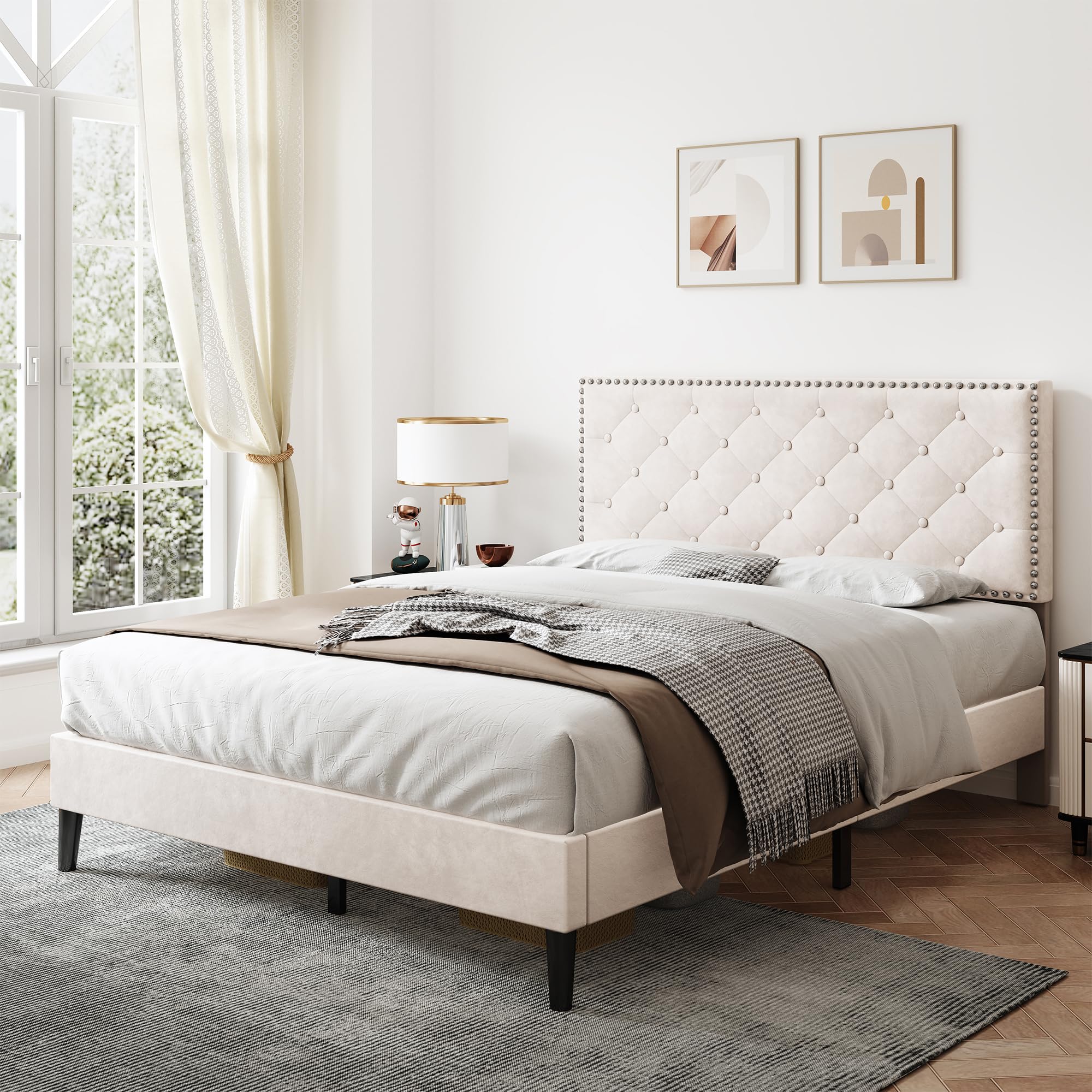 BTM Upholstered Double Bed - 4FT6-135x190cm With Adjustable Headboard, Solid Wood Slat and Mute Foam, Beige Velvet Frame (No Mattress)