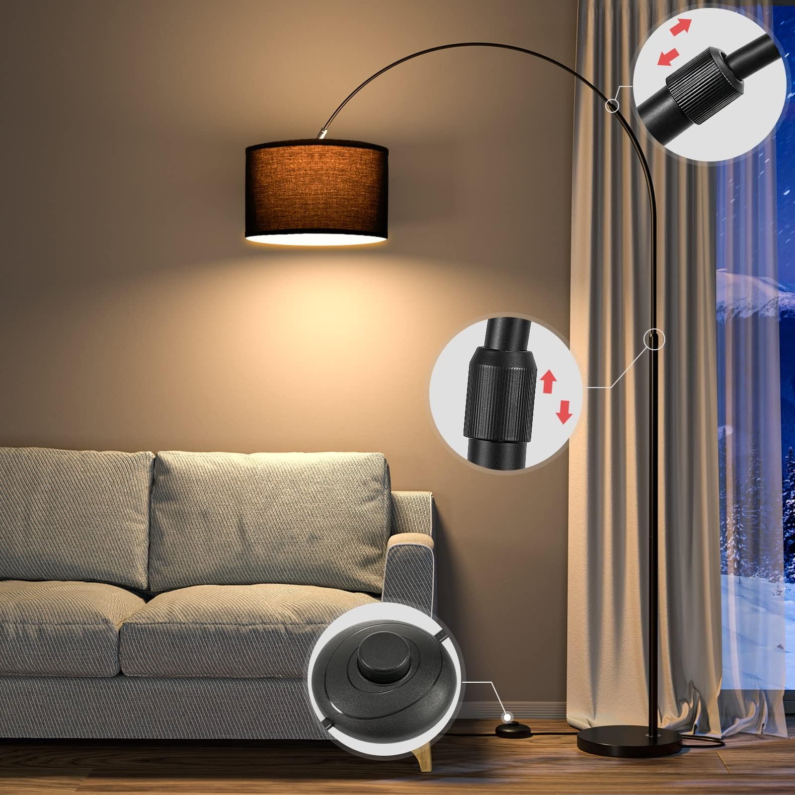 Modlicht Lampadaire Arc JASMIN | Lampe Sur Pied Classique | Ampoule LED E27 9W 3000K incluse | 33cm Abat-jour Noir | Interrupteur au pied | Lampe Arc adaptée pour Chambre, Bureau, Hôtel