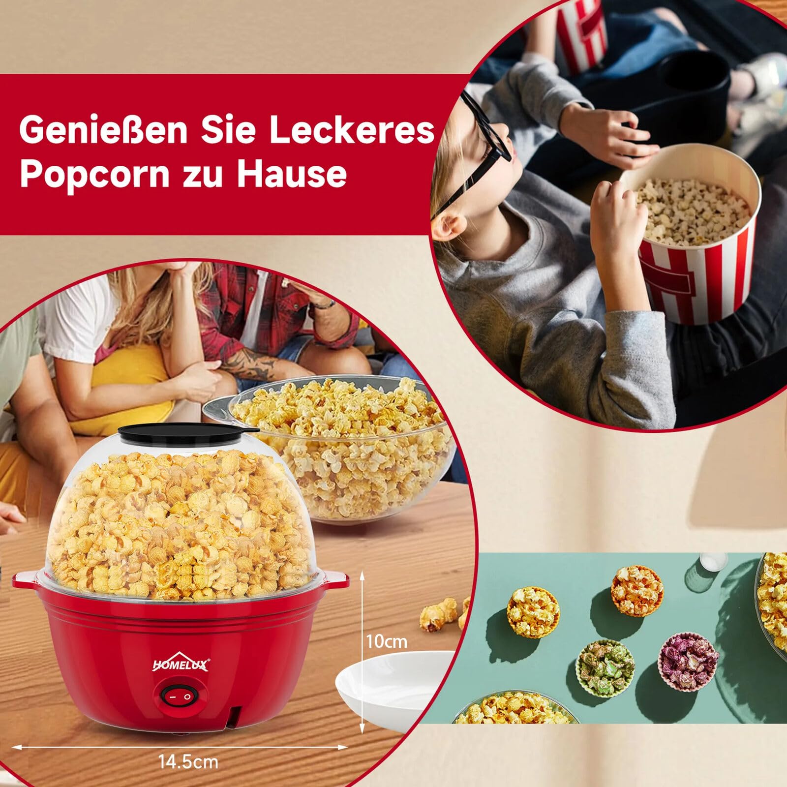 HOMELUX Mini macchina per popcorn da 450 W, rivestimento antiaderente con cucchiaio dosatore | Coperchio come ciotola da portata, silenziosa e veloce, macchina per popcorn per casa, feste e bambini, rosso