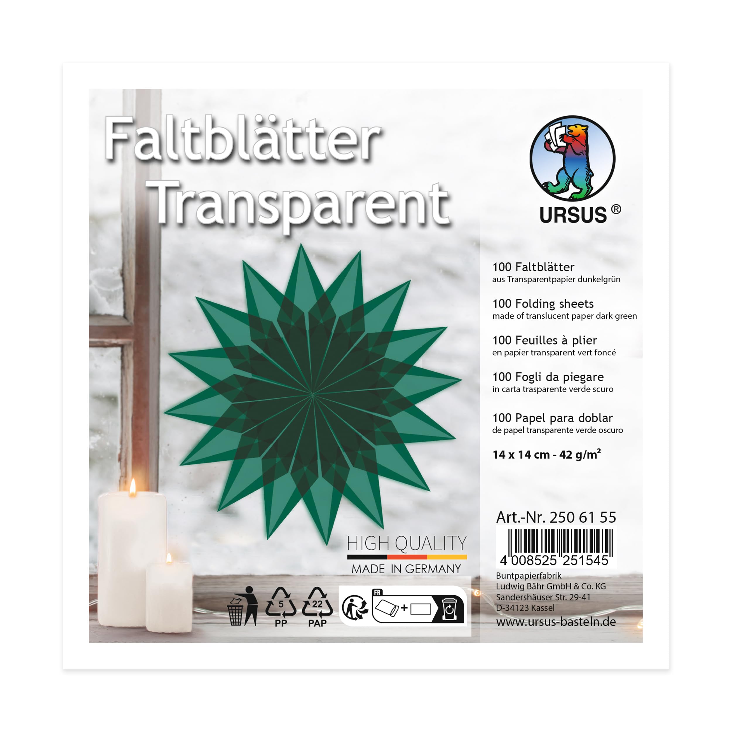 Ursus 2506100 Folding Sheets Made of Dark Green Tracing Paper, Approx. 14 x 14 cm, 42 g/m², 100 Sheets, for Folding Transparent Shimmering Figures, Coloured