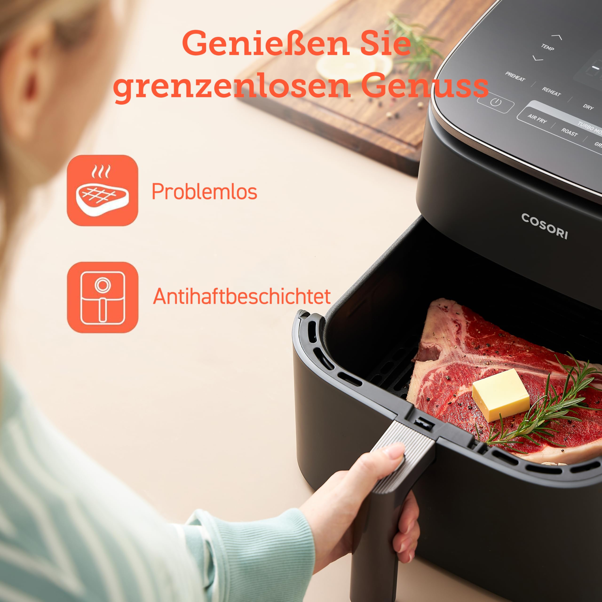 COSORI Air Fryer Turbo Blaze 6L Originalkorb, Keramikbeschichtung ohne PFAS, Ersatz-Zubehör für die Heißluftfritteuse ‎CAF-DC601-KEU, antihaftbeschichtet, spülmaschinenfest, grau
