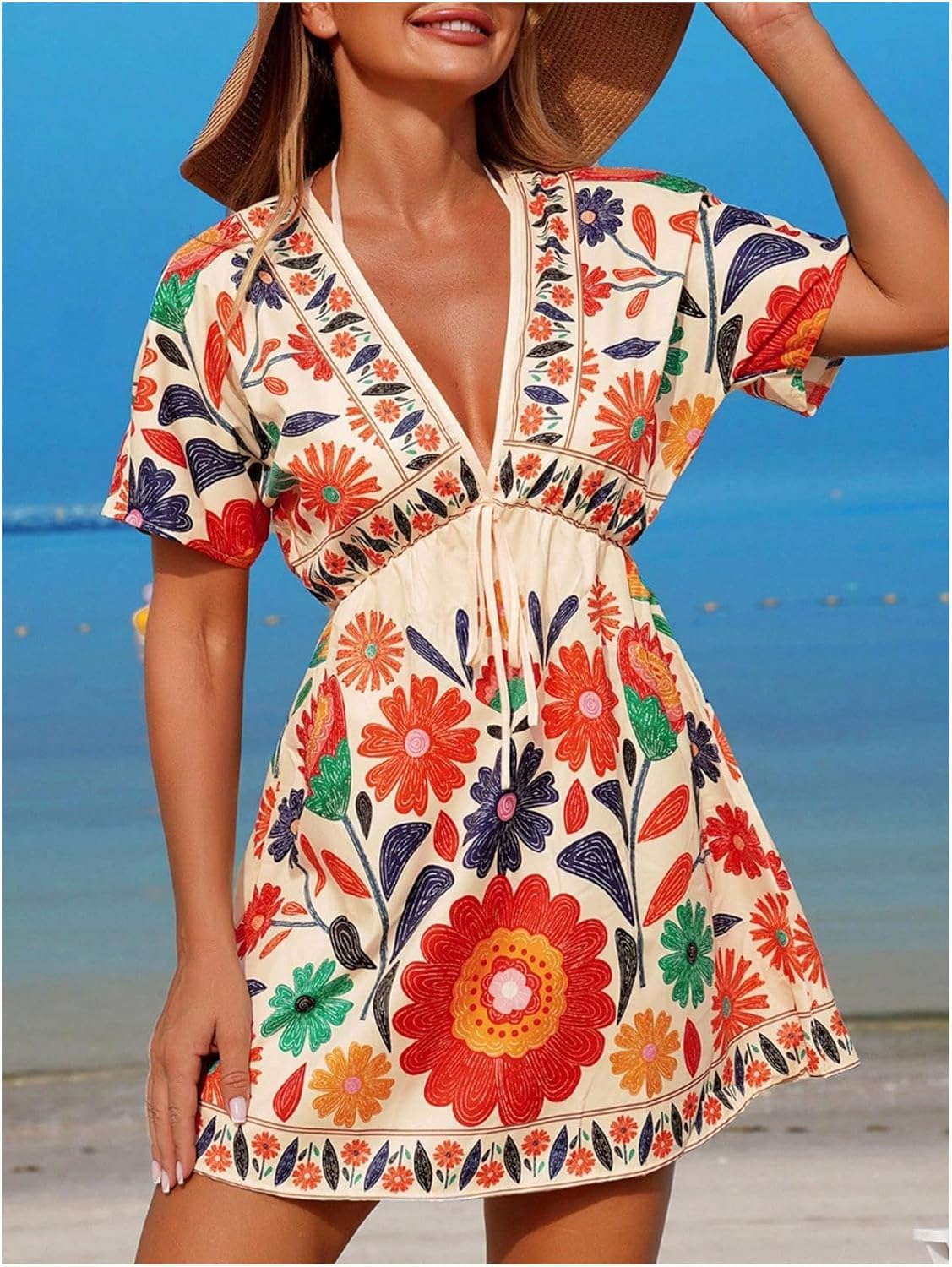SweatyRocks Women's Tropical Floral Swimsuit Cover Ups Boho Short Sleeve Deep V Neck Vacation Beach Sun Dress