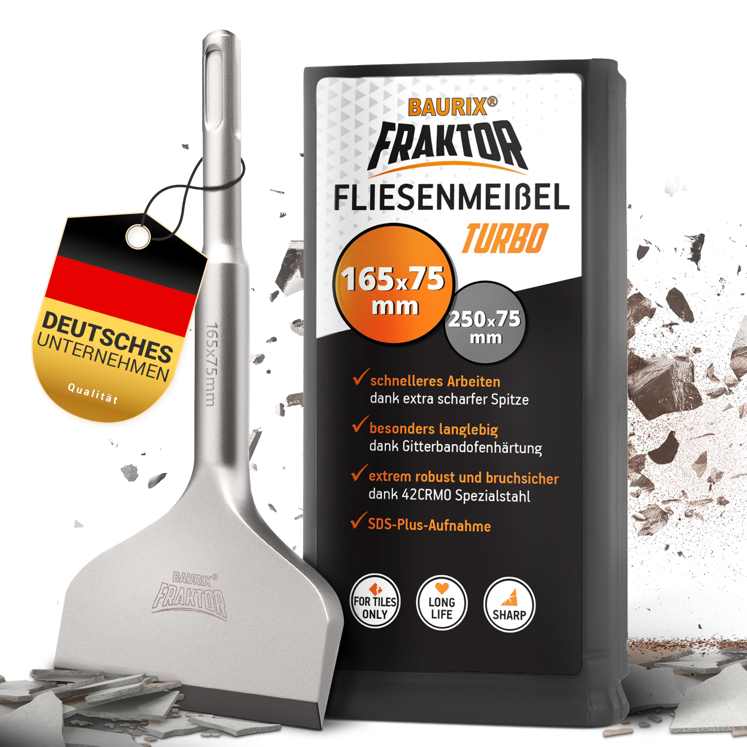 BAURIX® Cincel para Azulejos SDS Plus [165x75 mm] I FRAKTOR®-Sistema - Eliminación Rápida de Baldosas I Cincel Plano Inclinable para Azulejos y Adhesivo I Acero Especial 42CrMo