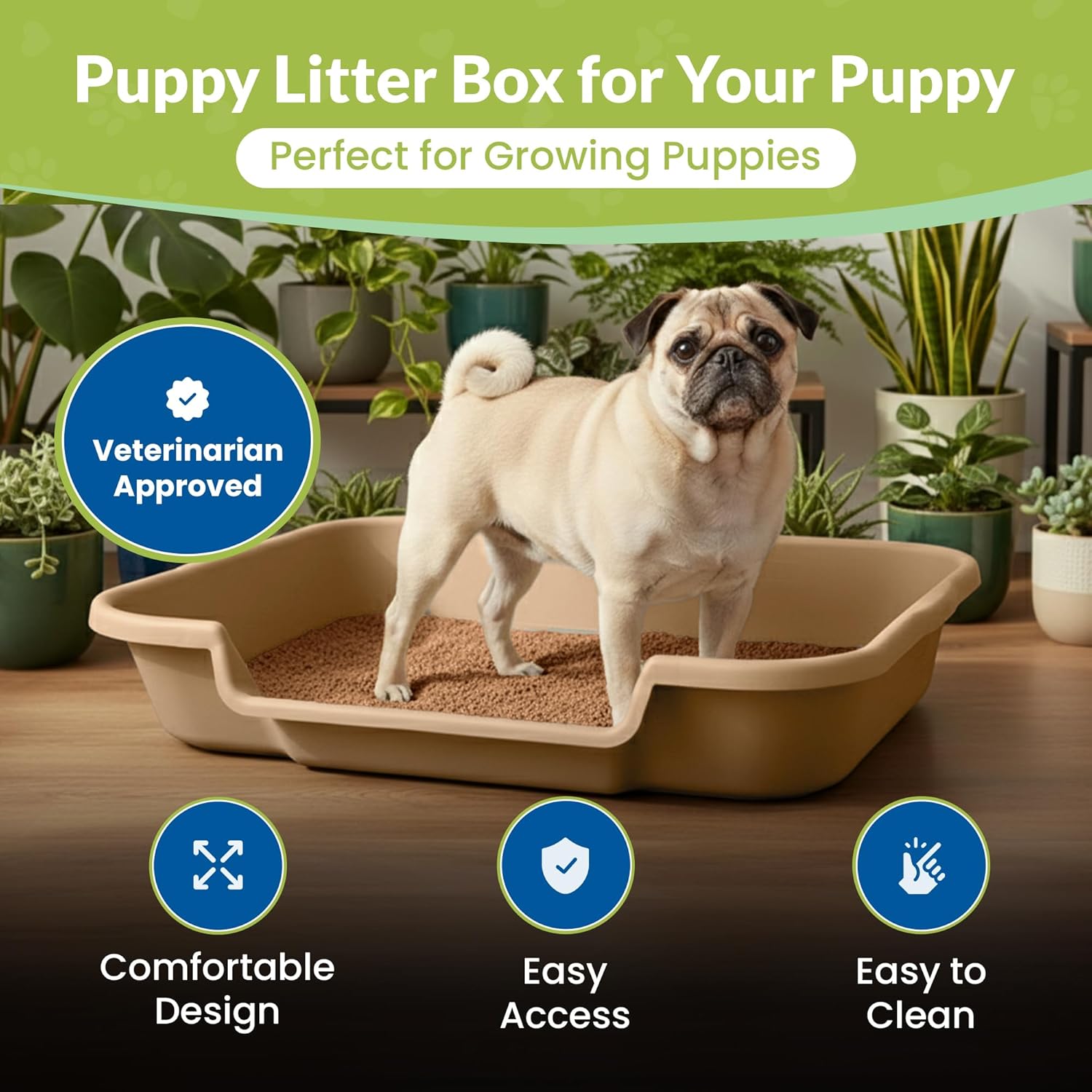 Dog Litter Box, Beach Sand Color, Large Size, Durable & Pet Safe Puppy Litter Box, Indoor Open Top Entry Dog Litter Pan, Comfortable for Dogs, Great for Dogs up to 20 lbs Large Beach Sand