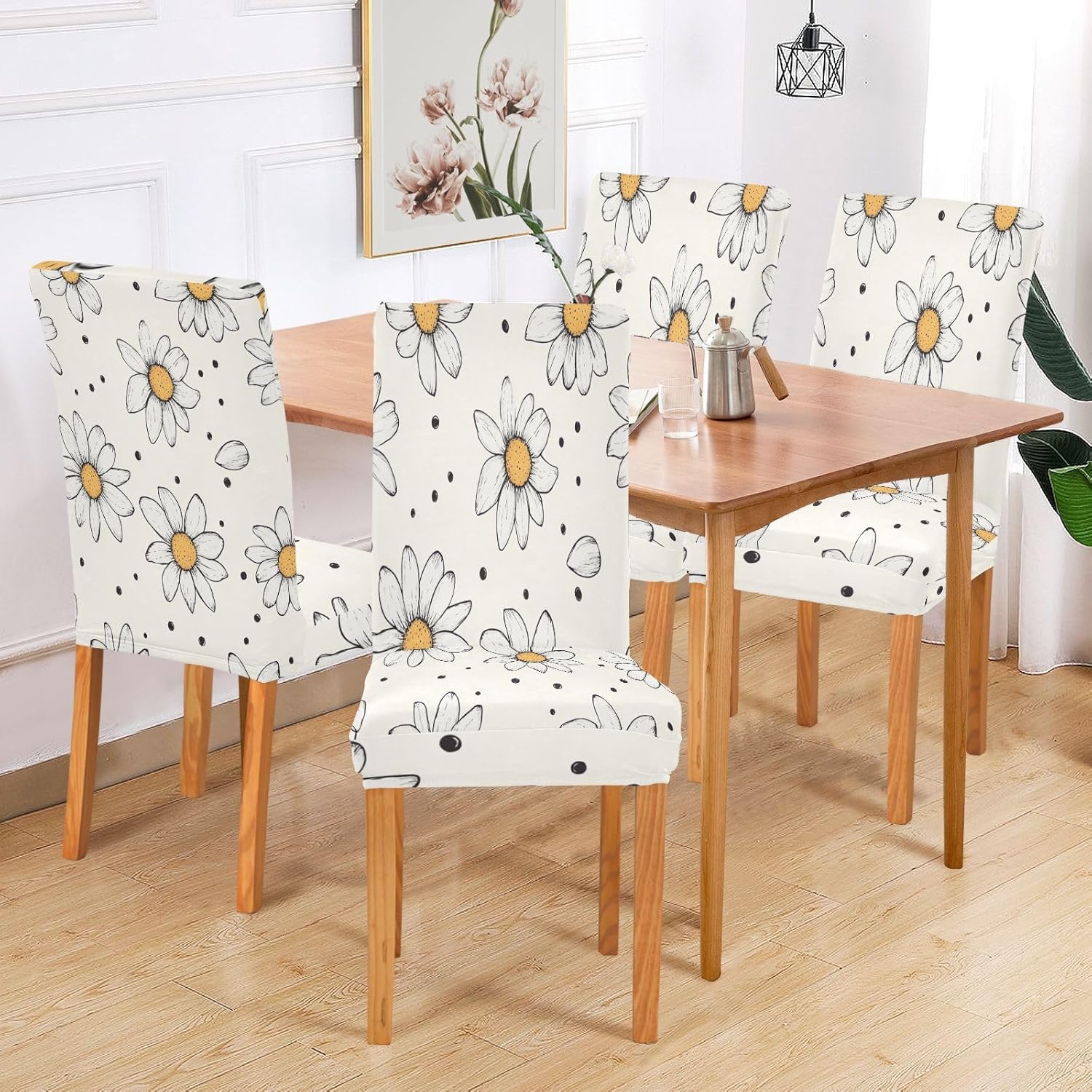 ALAZA Chair Covers for Dining Room, Daisy with Dots Hand Drawn Doodle Stretch Chair Cover Sets Chair Protector Removable Washable for Ktichen Restaurant Hotel