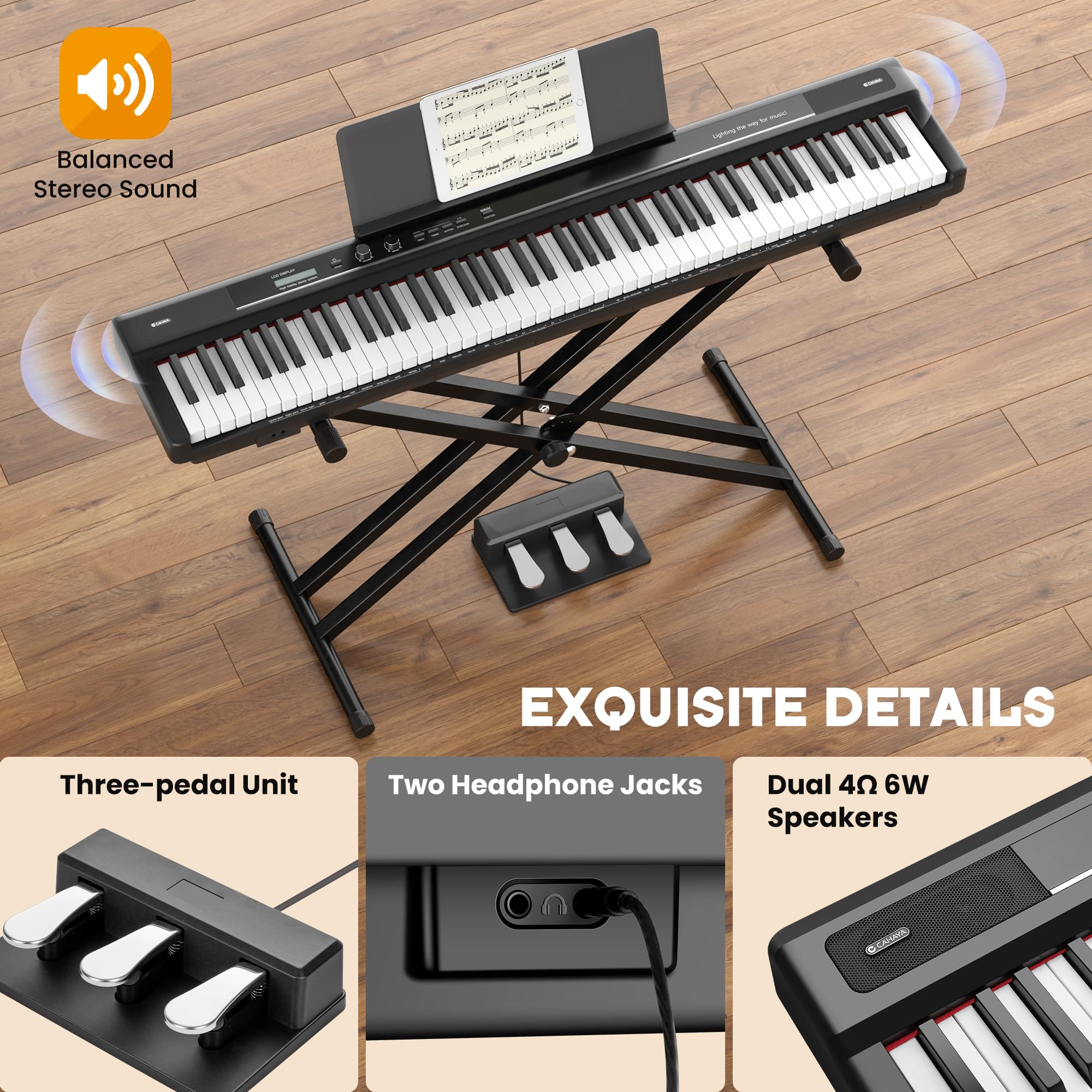 CAHAYA Pianoforte Digitale a 88 Tasti – Piano Elettrico Semipesato per Principianti con Supporto a Doppia X, 3 Pedali e Leggio