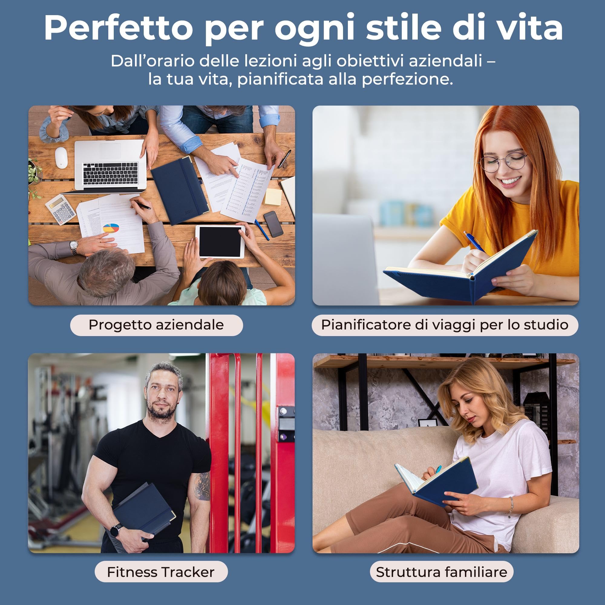 Agenda 2026 A5: Diario, Pianificatore quotidiano 1 pagina/giorno, Carta 80 g/m² 21,5x15 cm, con portapenne & tasca interna, pelle vegana Blu marino