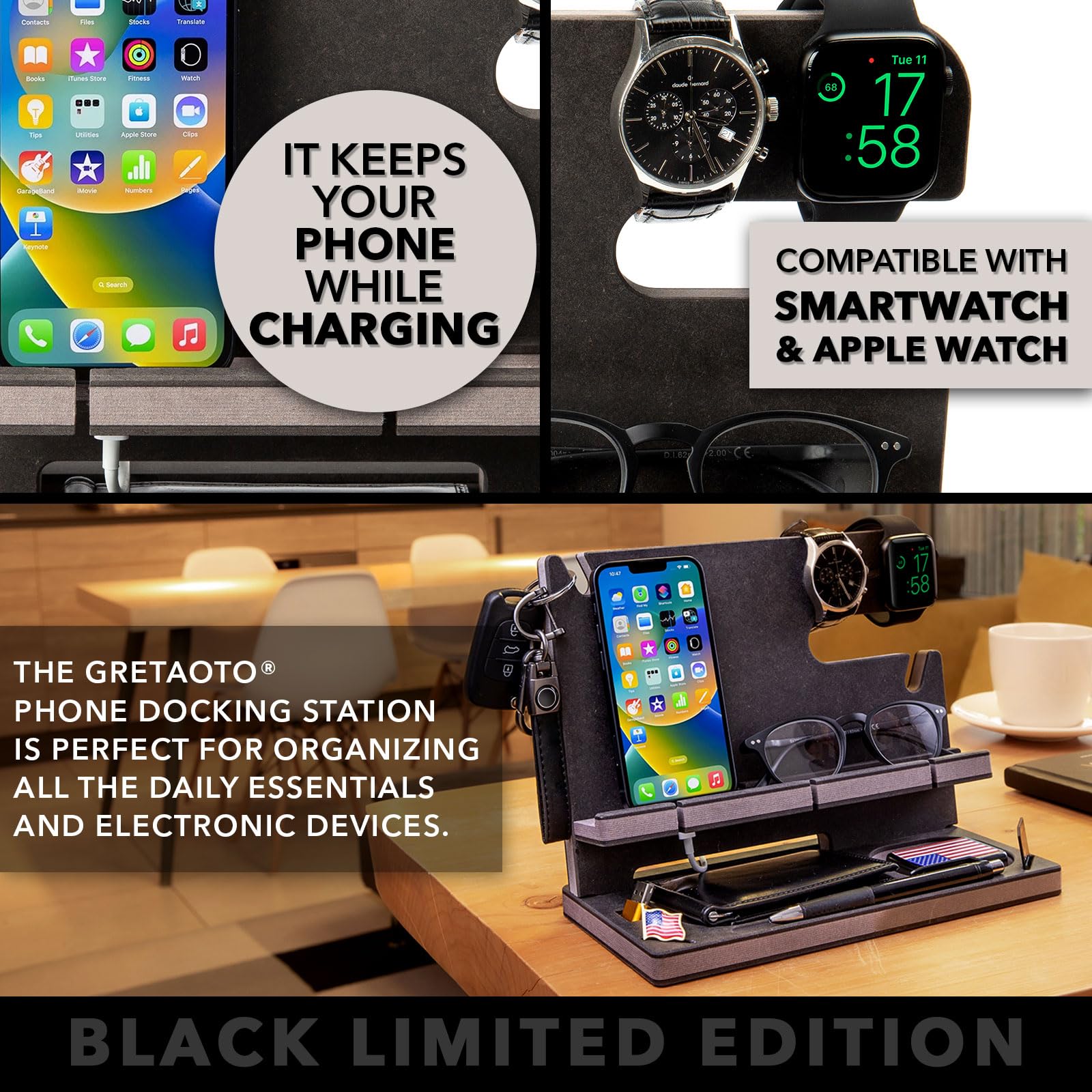 Organizzatore da scrivania Personalizzato con foto, Svuotatasche Compatibile con Smartphone, Supporto Carica Orologio, Regalo per Uomo, Natale, Compleanno, Anniversario, San Valentino
