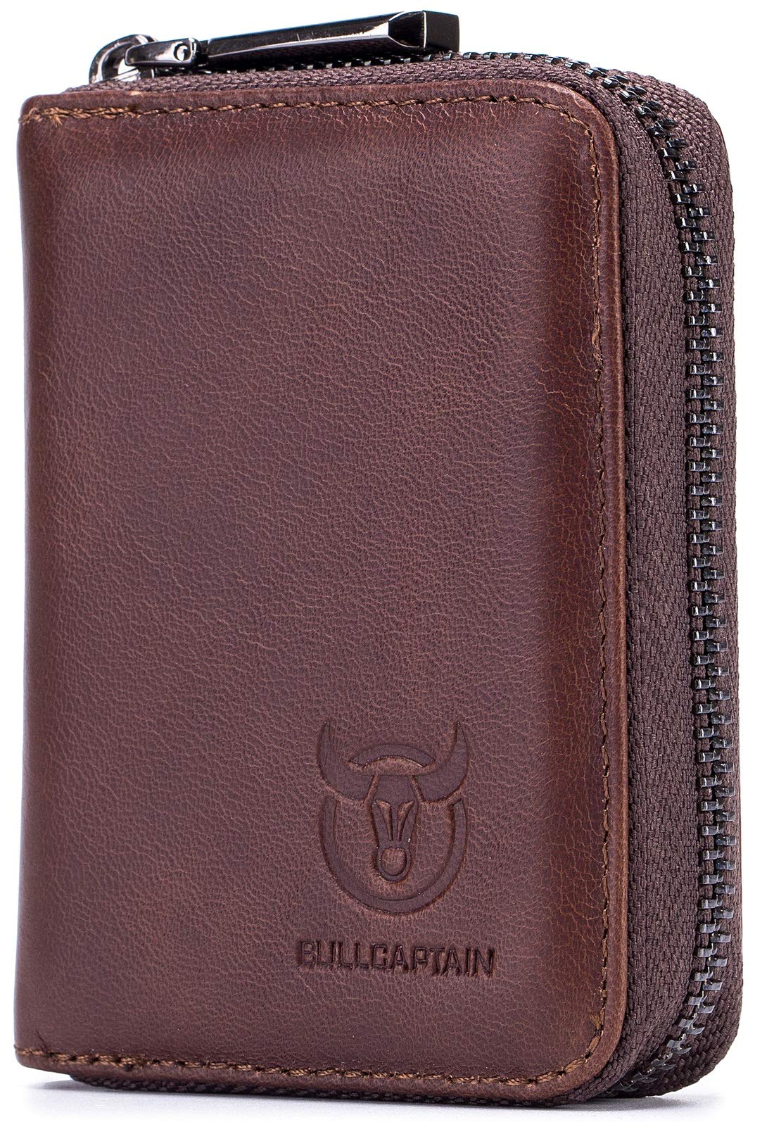 BULLCAPTAIN Genuine Leather Men Wallet Card Holder Cards Zipper Credit Card Pack Case Purse (Brown)