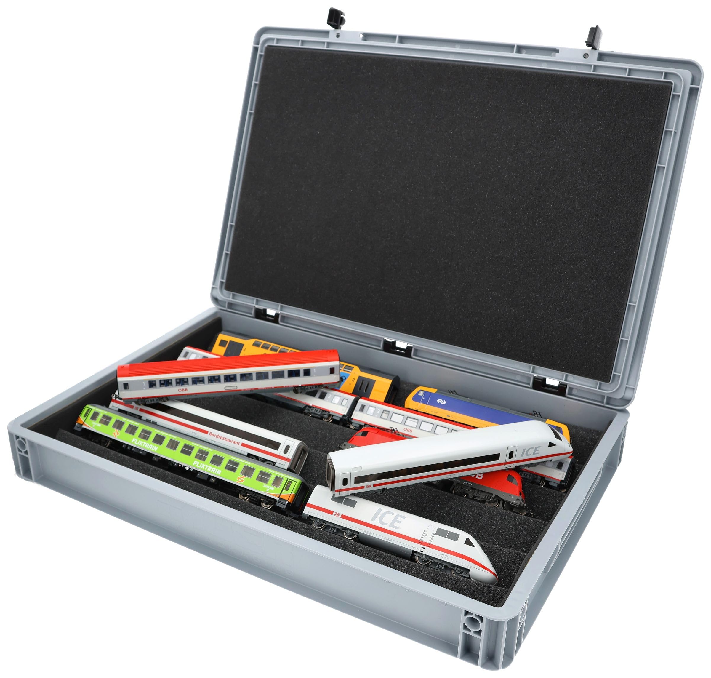 Feldherr H0 Model Railway 3-in-1 System - 60x40 Eurobox with V-Shaped Train Tray for Storage, Display & Transport - Made in Germany