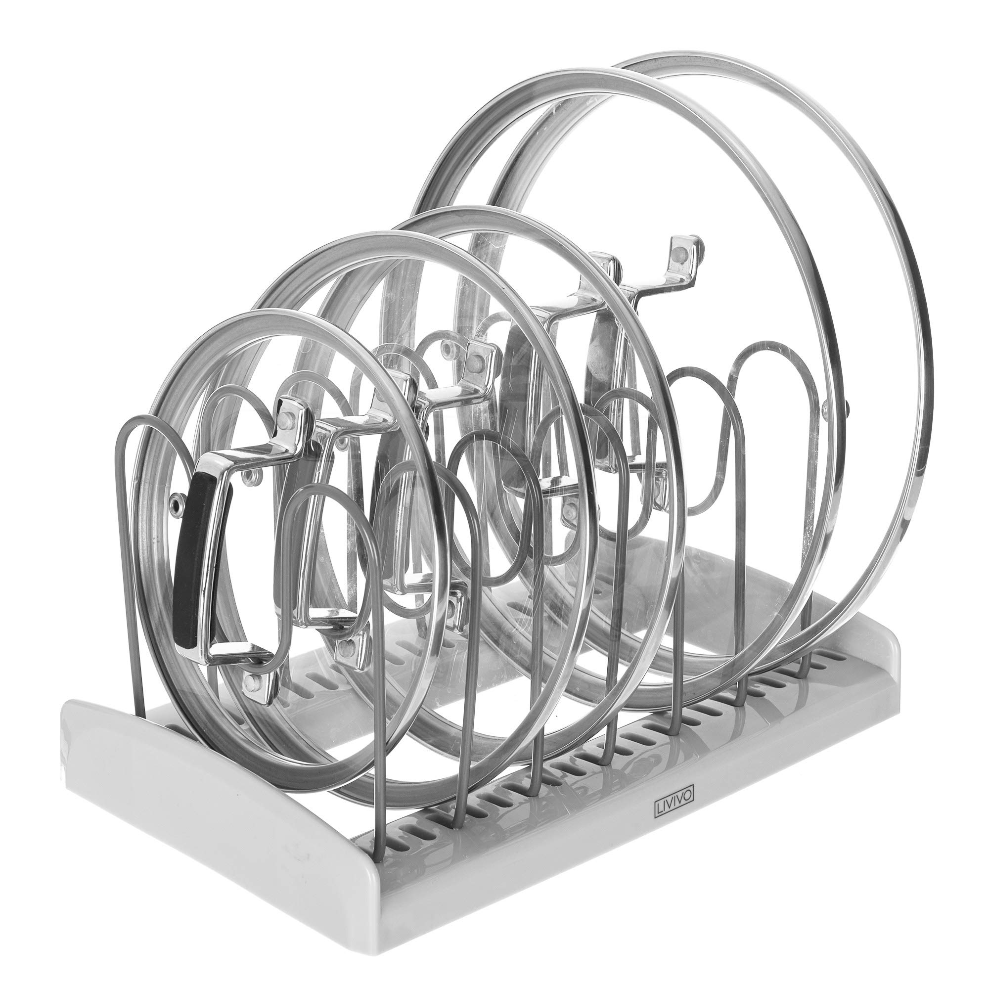 Fineway Silver Saucepan Lid Organiser And Plate Drying Rack - Kitchen Pan Pot Holder For Casseroles, Dish Storage, Pantry Cabinet Tidy With 7 Dividers