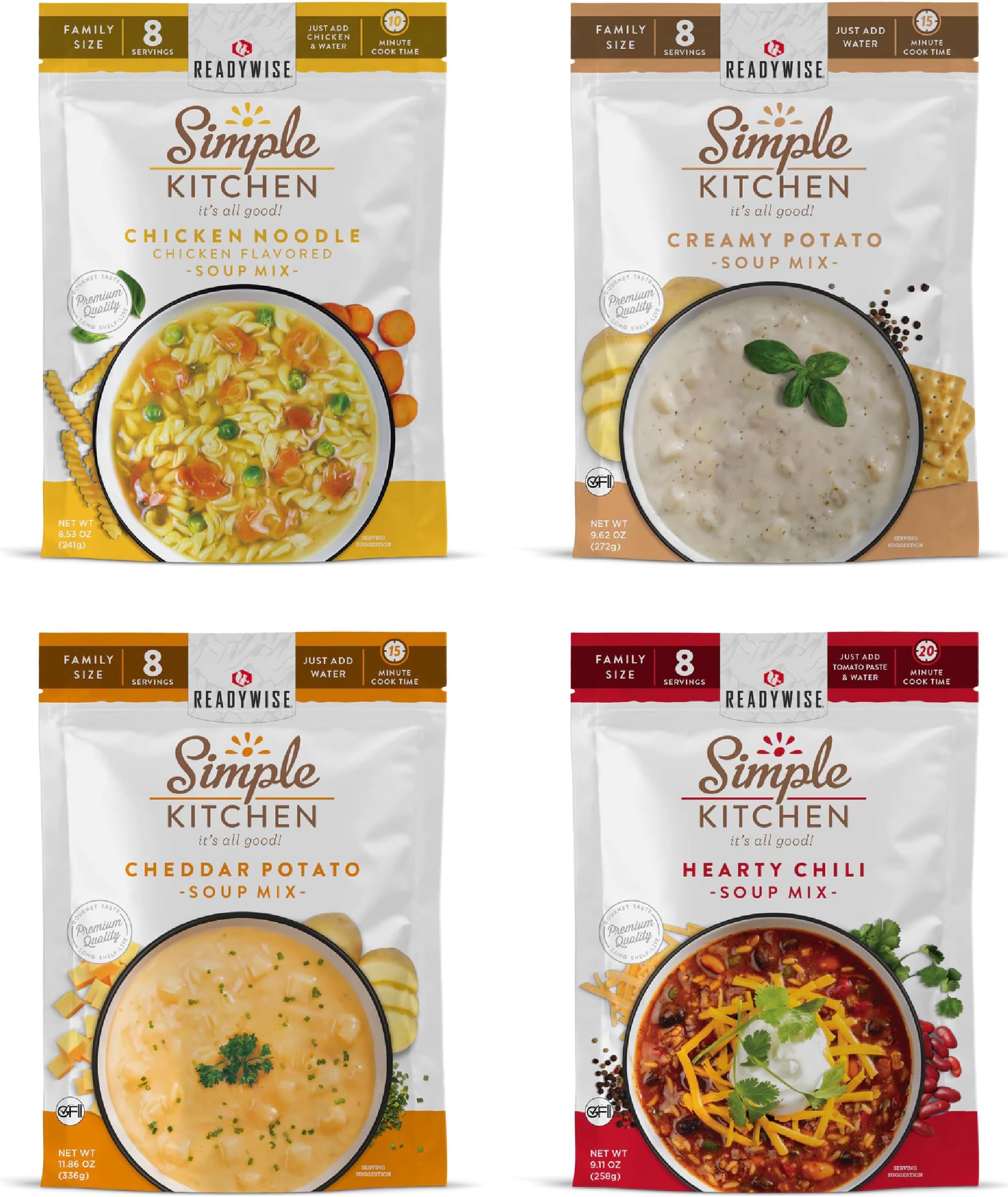 Simple Kitchen, Soup Favorites, Variety Pack, 8 Servings Per Pouch, Soup Mix, Family Size, MRE, Freeze Dried Food, Ready To Eat Meals, Hiking & Backpacking Food, Soup for Family, Pack of 4