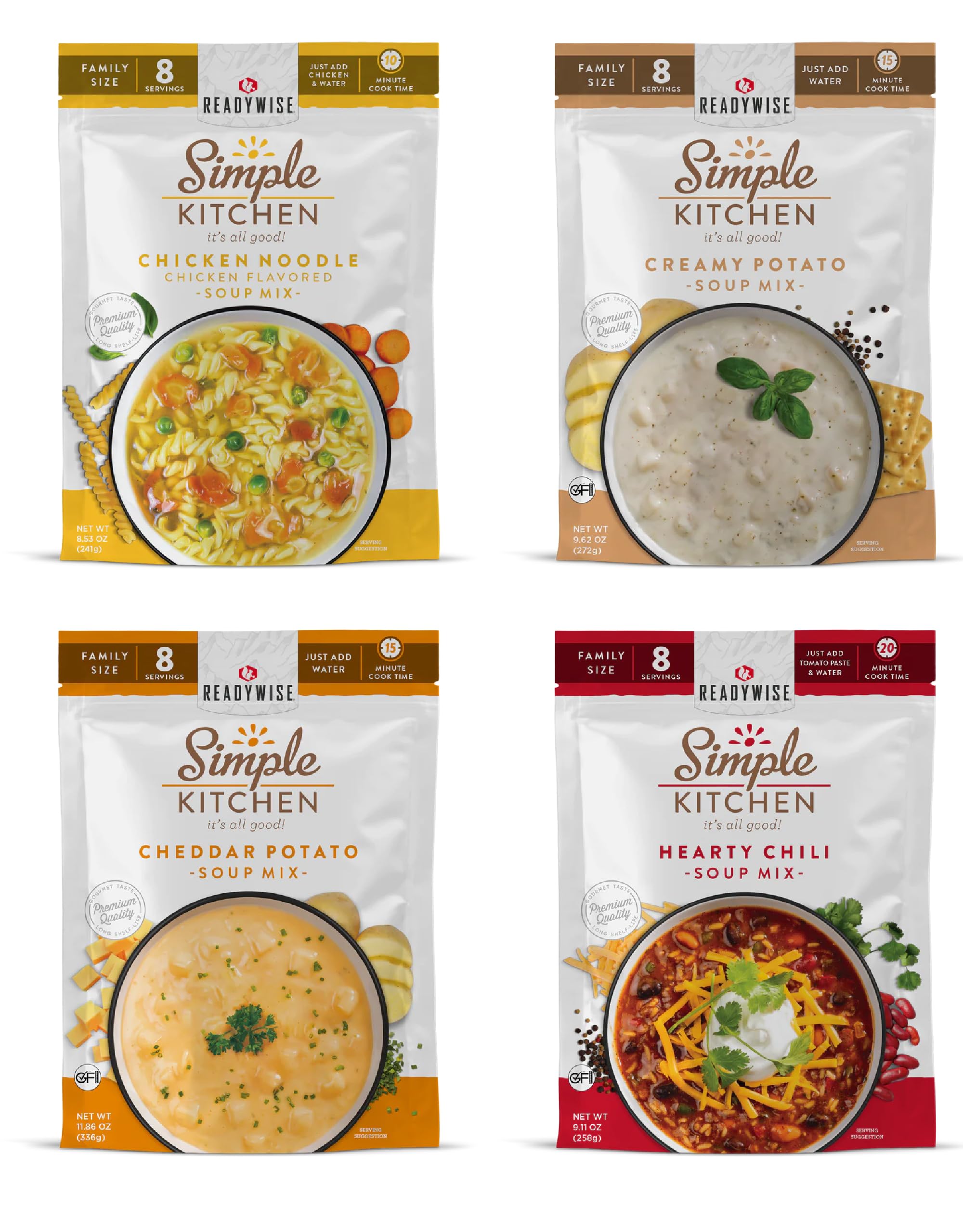 READYWISE - Simple Kitchen, Soup Favorites, Variety Pack, 8 Servings Per Pouch, Soup Mix, Family Size, MRE, Freeze Dried Food, Ready To Eat Meals, Hiking & Backpacking Food, Soup for Family, Pack of 4
