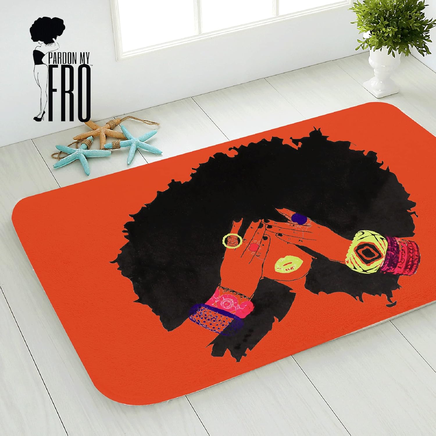 Pardon My Fro Non-Slip Bathroom Mats, Cushioned Soft Absorbent 100% Microfiber, Quick-Dry for Shower, Tub, and Floor, Featuring Fierce Fro-Beauty Home Decor Rugs - Shanell Bath Mat, Orange 30"x20"