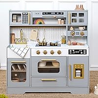 BPMFKID Wooden Play Kitchen for Kids Ages 3+ - Realistic Pretend Play Set with Stove, Sink, Coffee Maker, Ice Maker