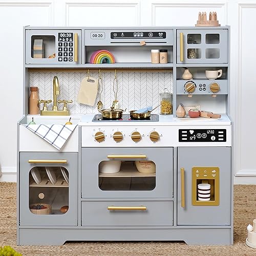 Cocina de madera de juguete para niños – Juego de cocina de simulación con estufa realista, fregadero, cafetera, máquina de hielo, cocina de juguete