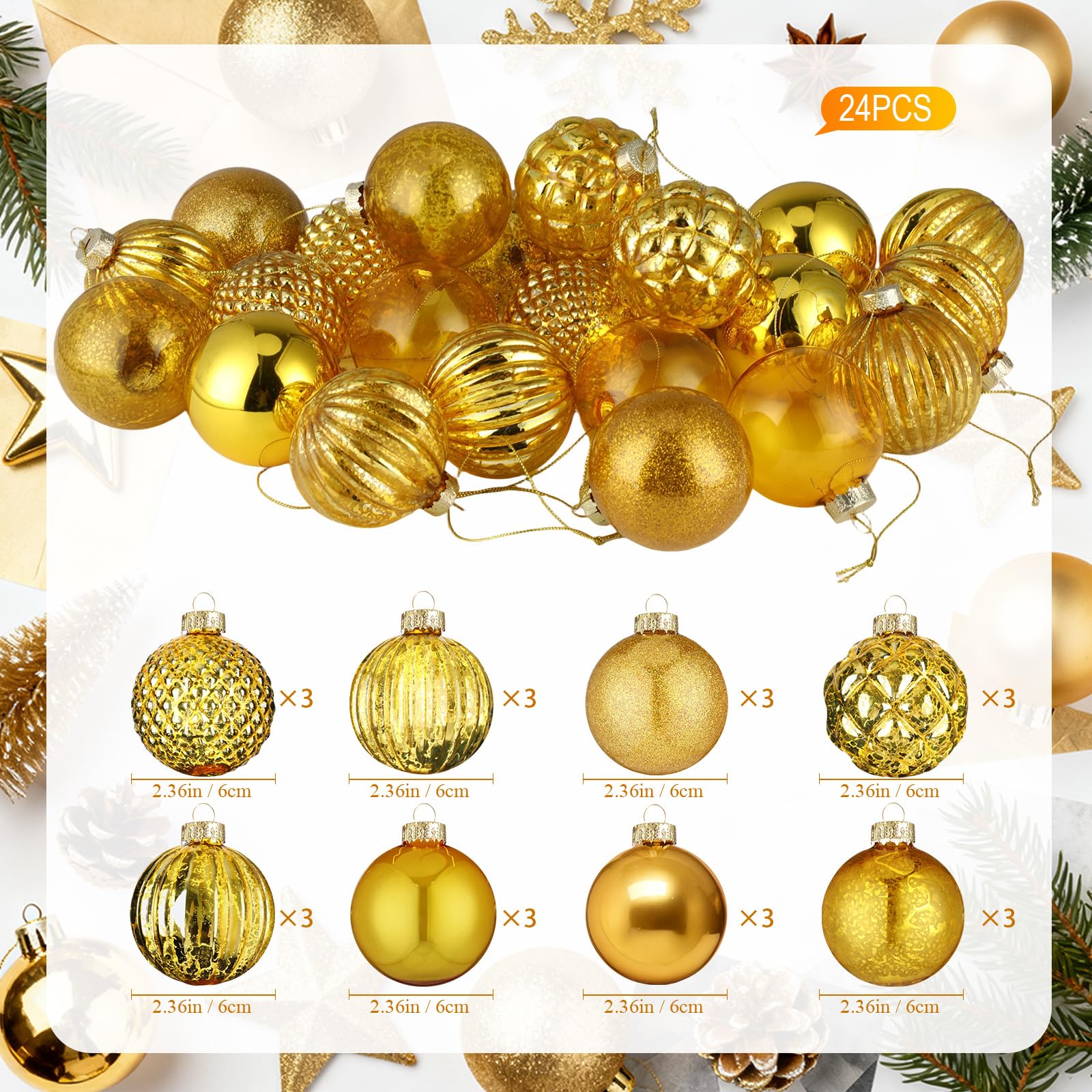 Liliful Lot de 24 boules de Noël en verre à suspendre pour festival, maison, mariage, fête (6 cm, doré)