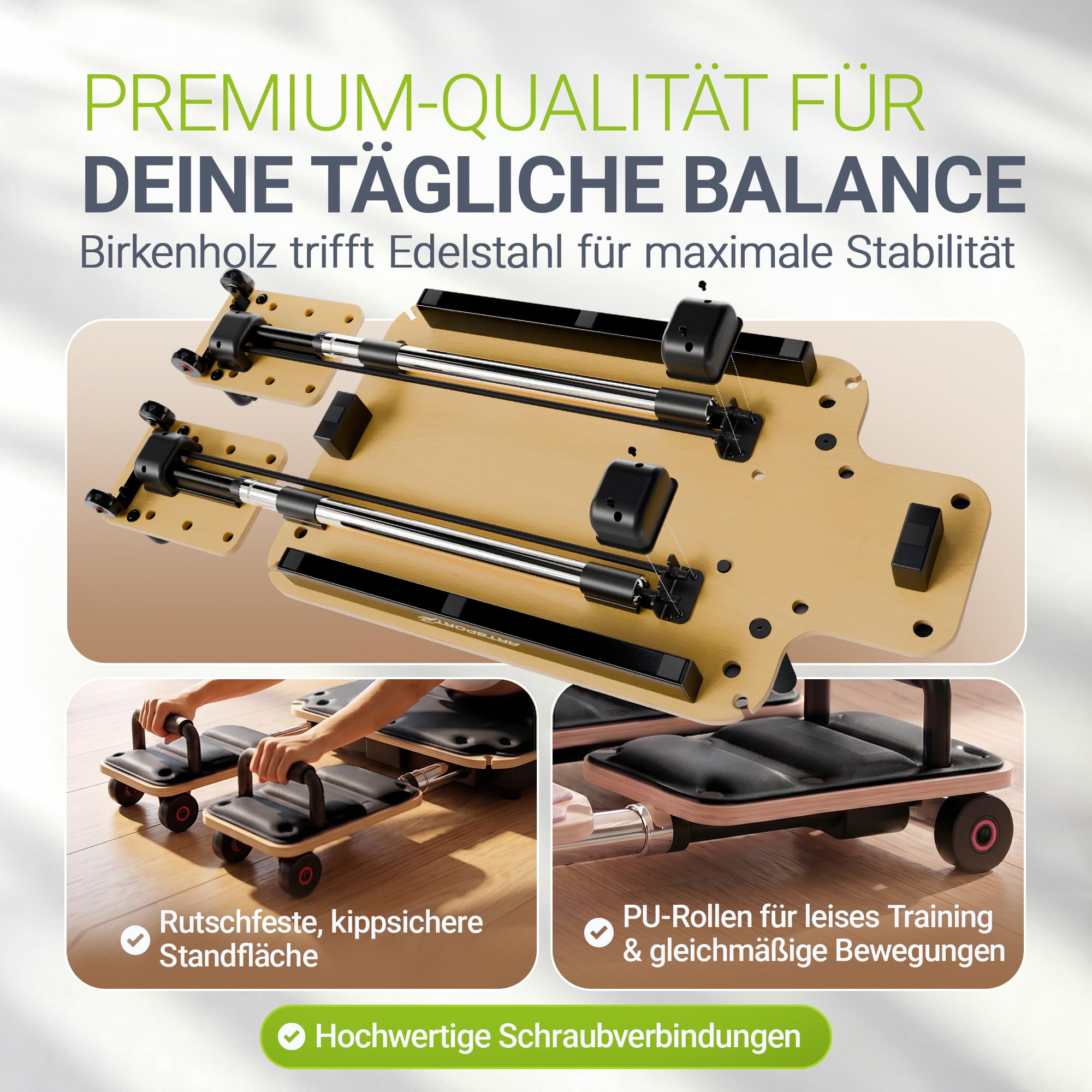 ArtSport Movea Pilates Reformer Board für Zuhause – faltbares Mini-Reformer Pilatesgerät aus Birkenholz & Aluminium, inkl. 6 Trainingsbänder & 4 Griffe, belastbar bis 200 kg