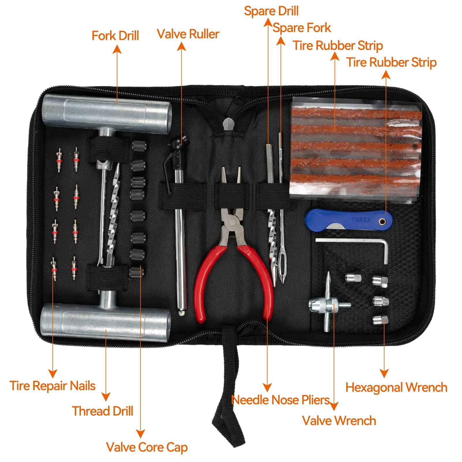 Kit de reparación portátil de neumáticos de coche, 45 piezas, herramienta de reparación de pinchazos de neumáticos para coches, motocicletas, ATV, cortacésped, tractores, camiones