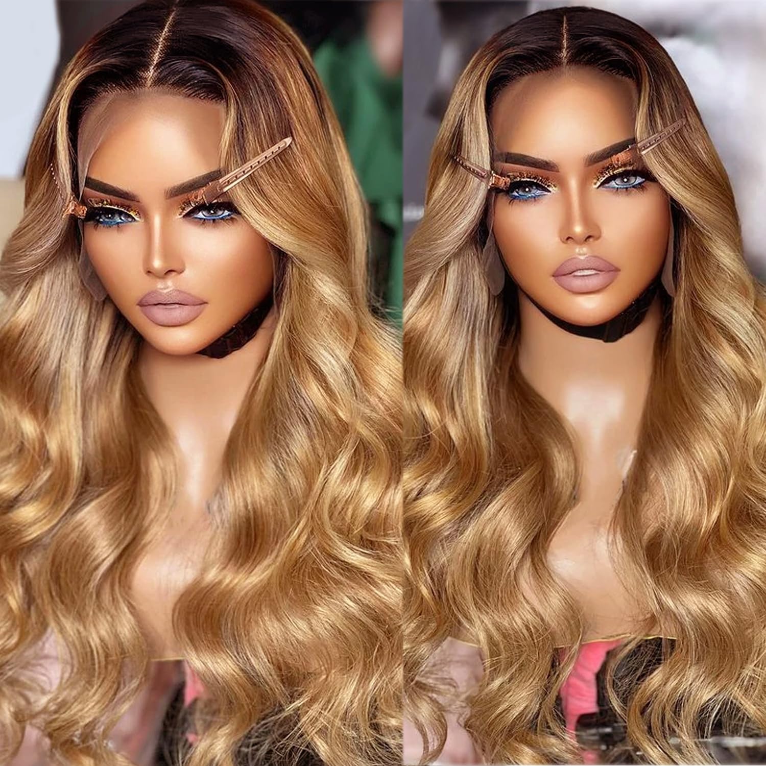 Honey blonde wig ombré dark brown 32 inches long lace front middle part Heat ok Amazon.com : Ombre Lace Front Wig Human Hair 32 Inch 13x6  main image 3