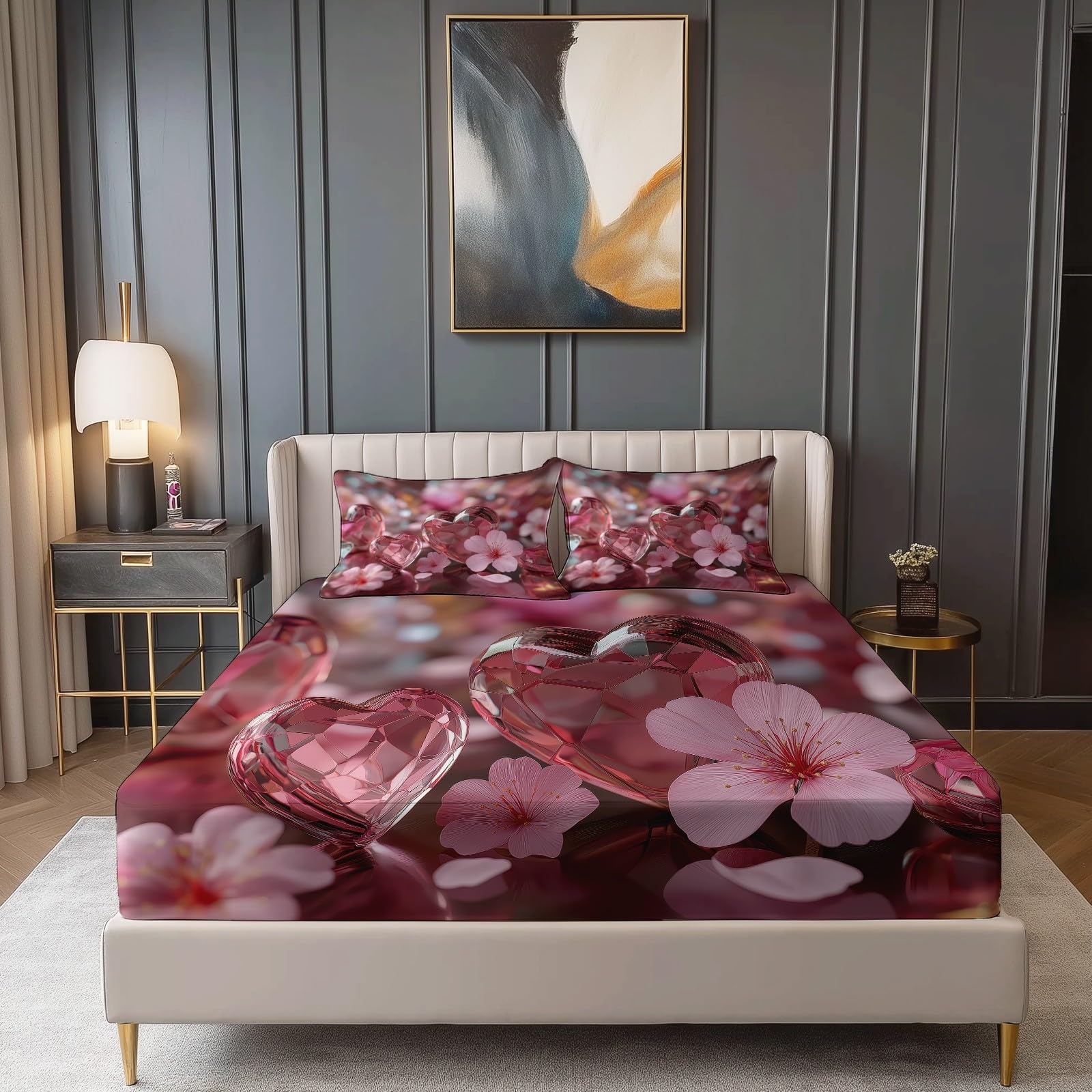 Lenzuolo con Angoli180 x 200 + 30 cm, Stampa 3D Forma Di Cuore Floreale per Bambini Ragazzi Adolescenti Adulti - Lenzuolo con Angoli in Morbida Microfibra Rosso