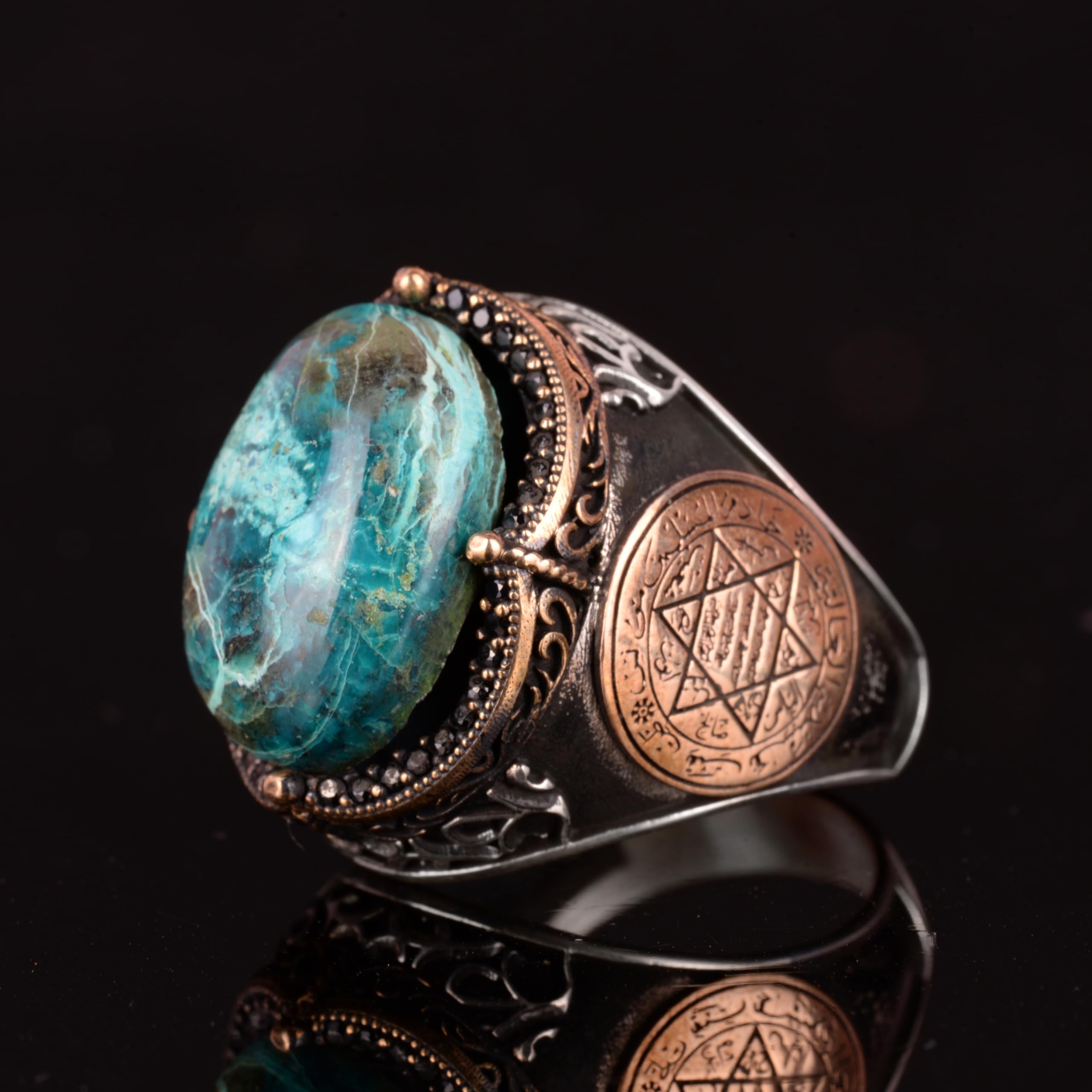 KAMBO Anillo de plata con sello de Salomón, anillo de piedra preciosa de crisocola natural real, de plata de ley maciza de 925 quilates, para hombre, piedra preciosa de, crisocolla