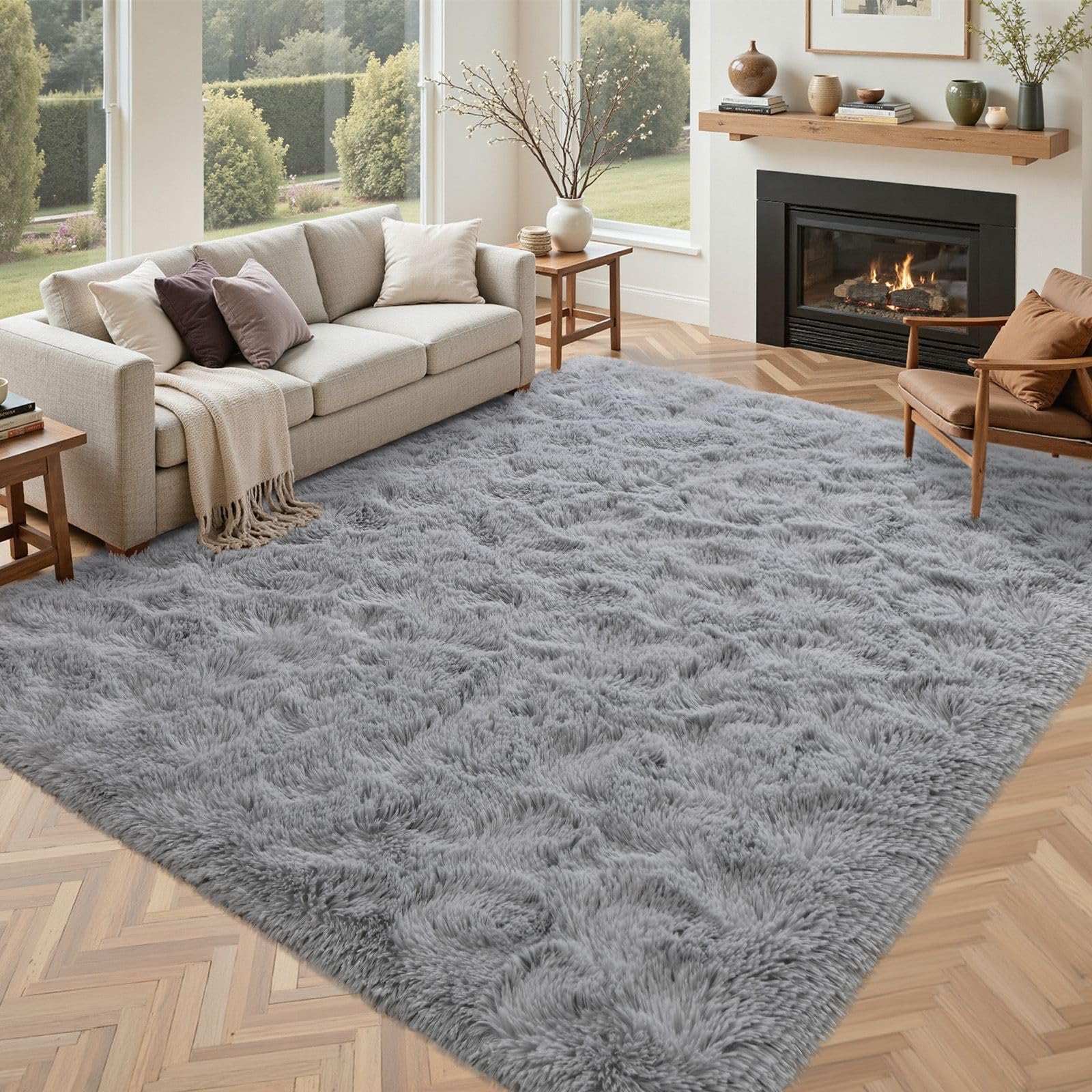 5x7 ft Light Grey Rug for Living Room Fluffy Bedroom Rug Non-Slip Area Rugs Shag Carpet for Nursery Kids Play Room Dorm Office Indoor Modern Plush