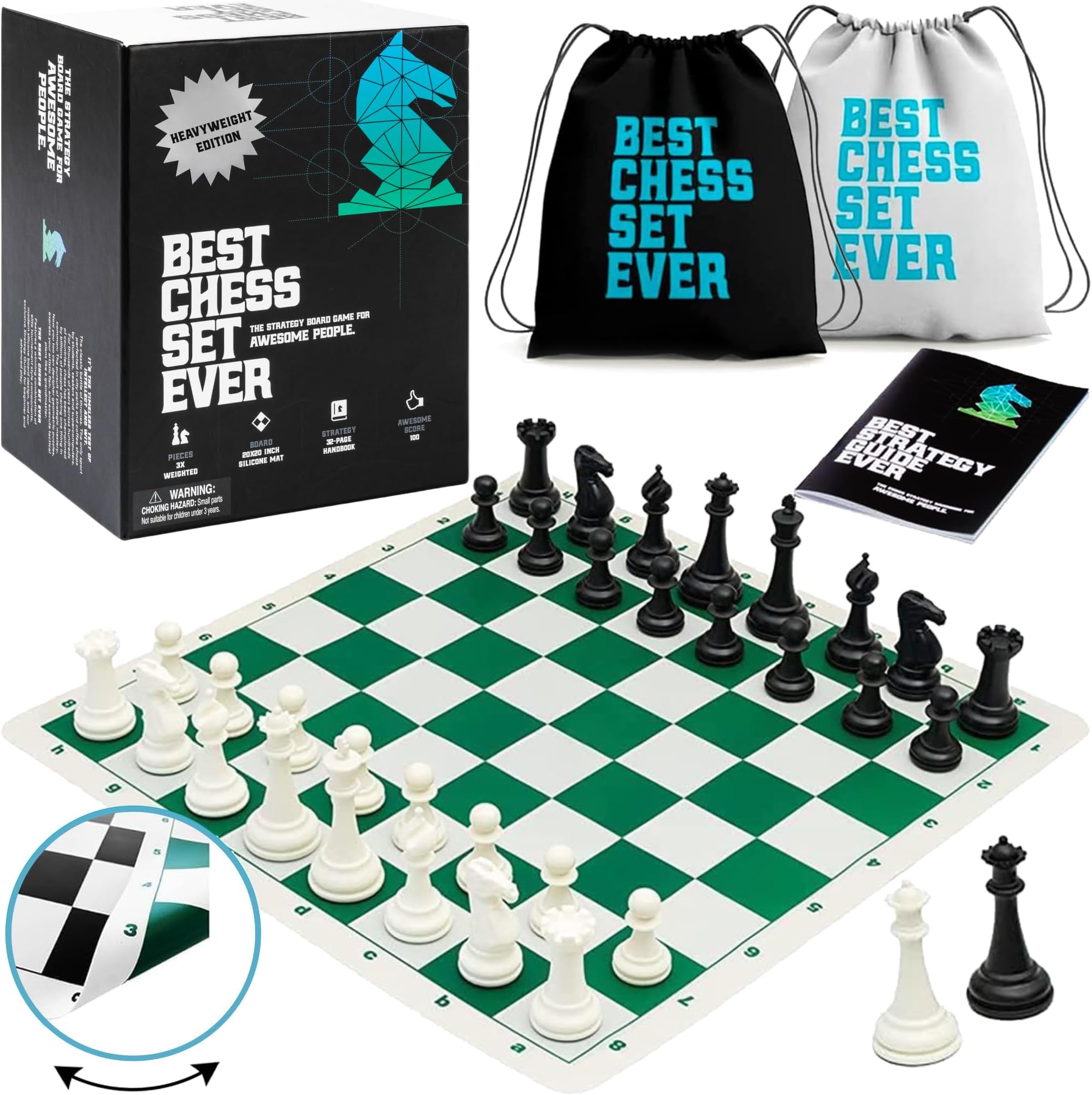 Best Chess Set Ever Tournament Chess Set | 10.3cm Staunton King | Triple-Weighted Pieces | 50x50cm Double-Sided Silicone Board | 2 Extra Queens | For Adults & Kids Ages 7+